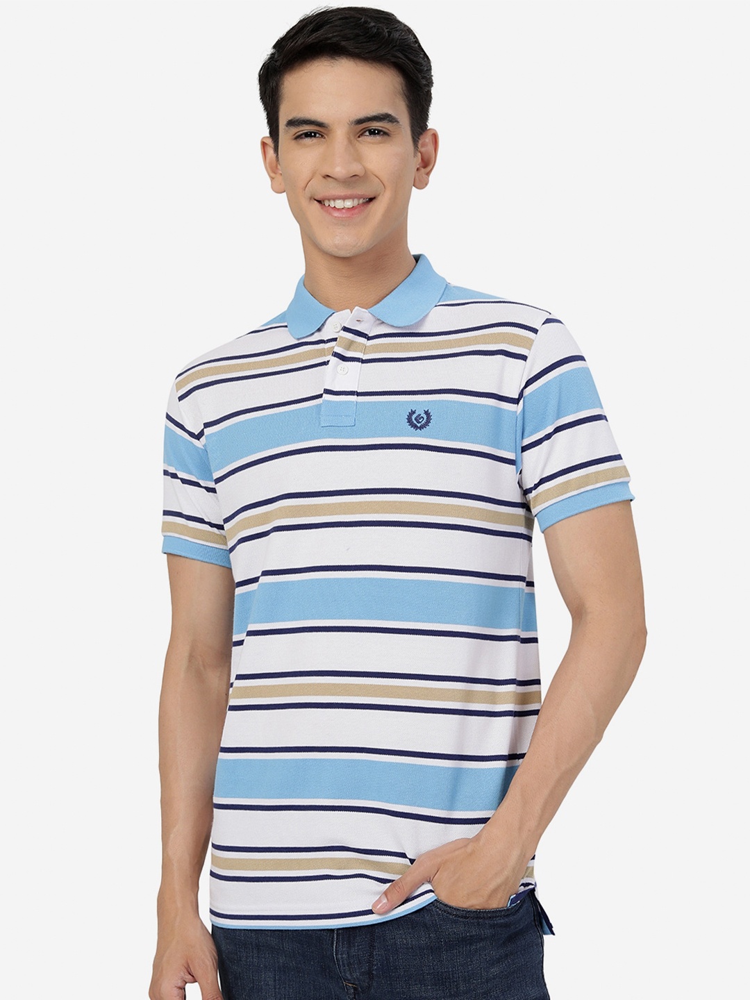 

Greenfibre Striped Polo Collar Cotton Slim Fit T-shirt, Blue