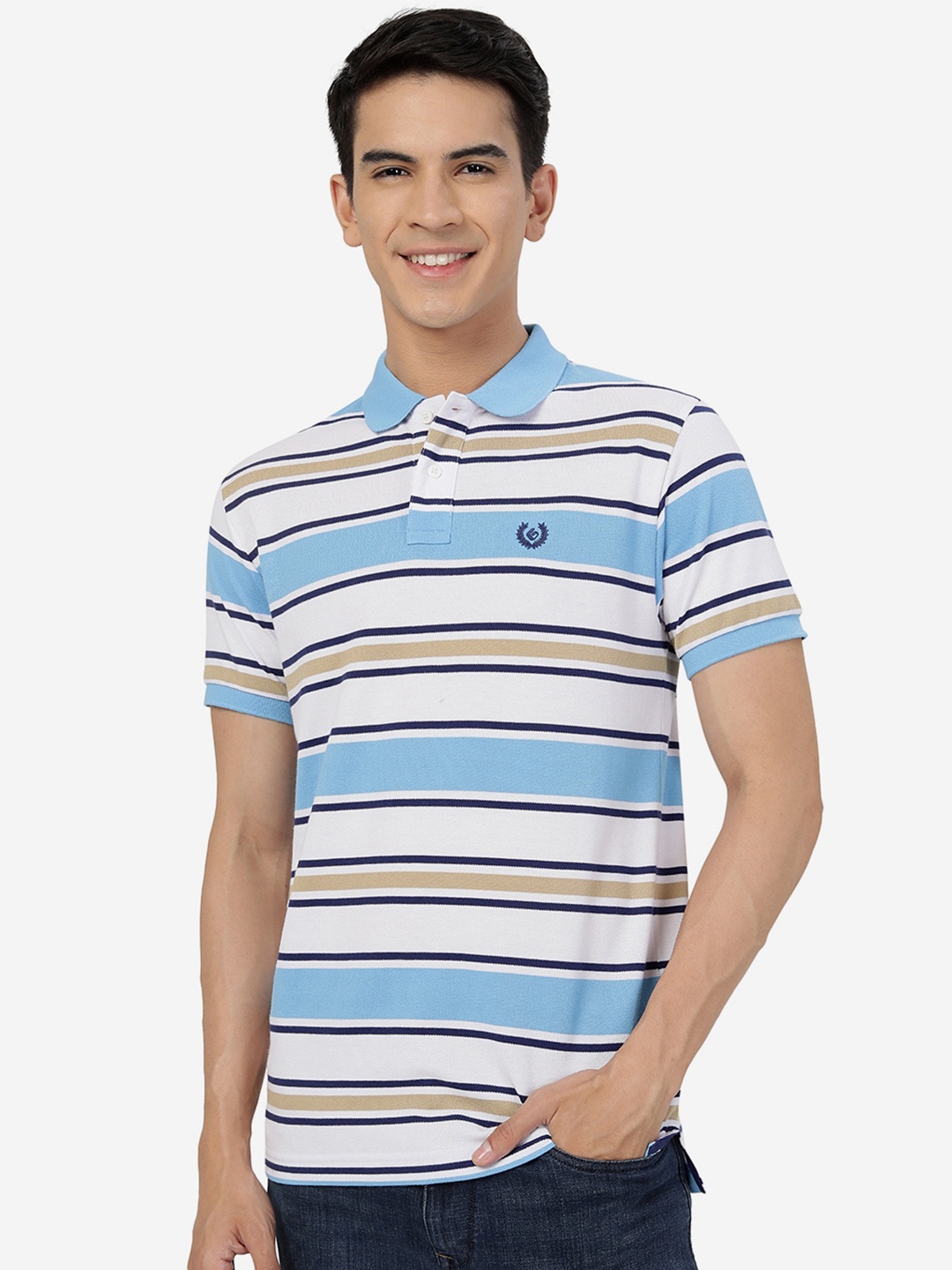 

Greenfibre Striped Polo Collar Cotton Slim Fit T-shirt, Blue