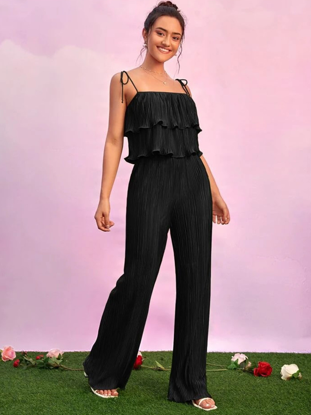 

Molly & Michel Shoulder Straps Layered Crop Top With Trousers, Black
