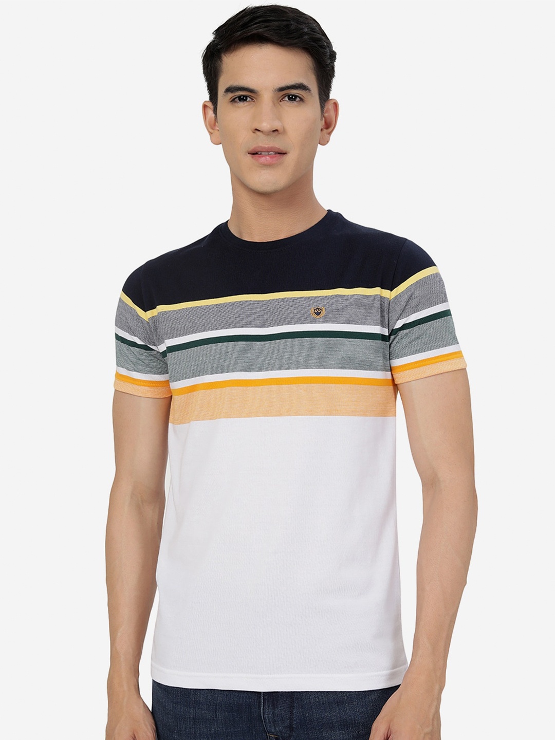 

JADE BLUE Striped Pure Cotton Slim Fit T-shirt, White