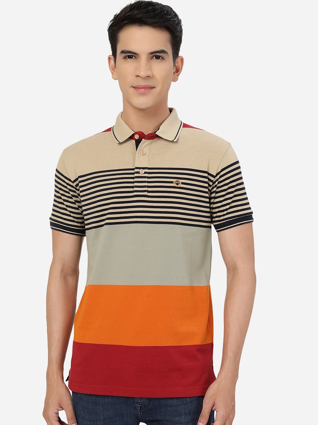 

JADE BLUE Striped Polo Collar Cotton Slim Fit T-shirt, Beige