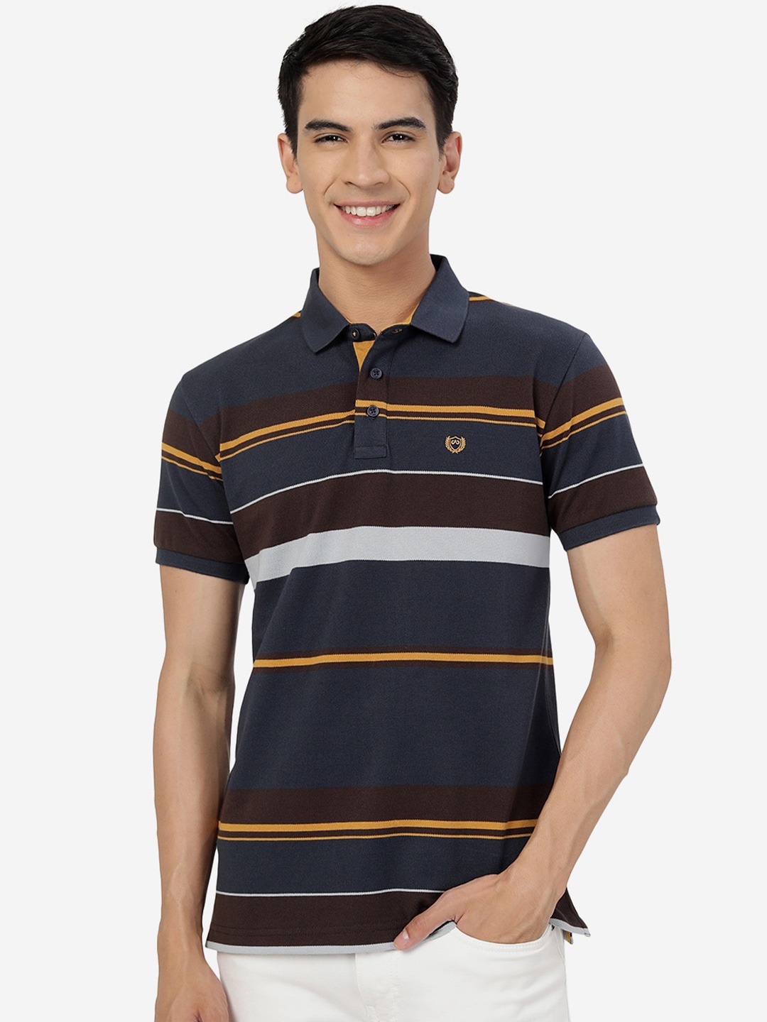 

JADE BLUE Striped Polo Collar Cotton Slim Fit T-shirt, Navy blue