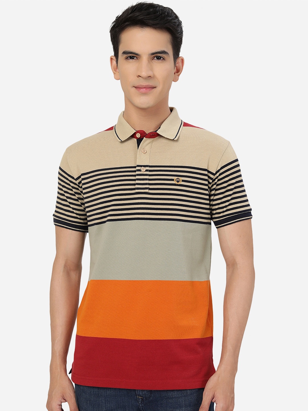 

JADE BLUE Striped Polo Collar Cotton Slim Fit T-shirt, Beige
