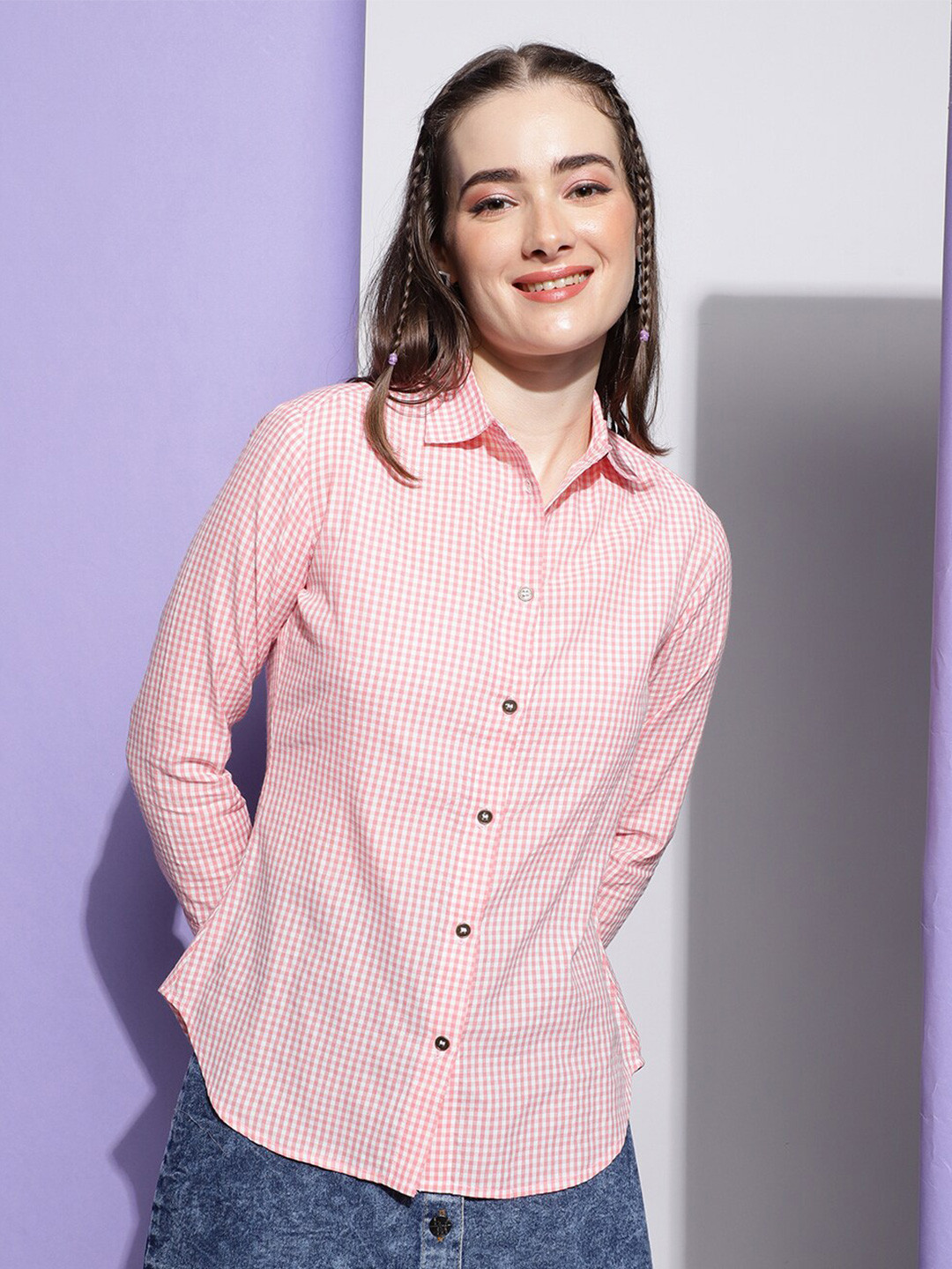 

J Turritopsis Classic Micro Checked Opaque Cotton Casual Shirt, Pink