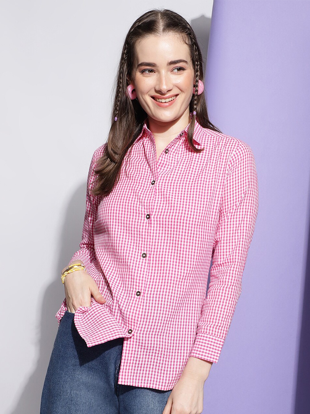 

J Turritopsis Classic Micro Checked Opaque Cotton Casual Shirt, Pink
