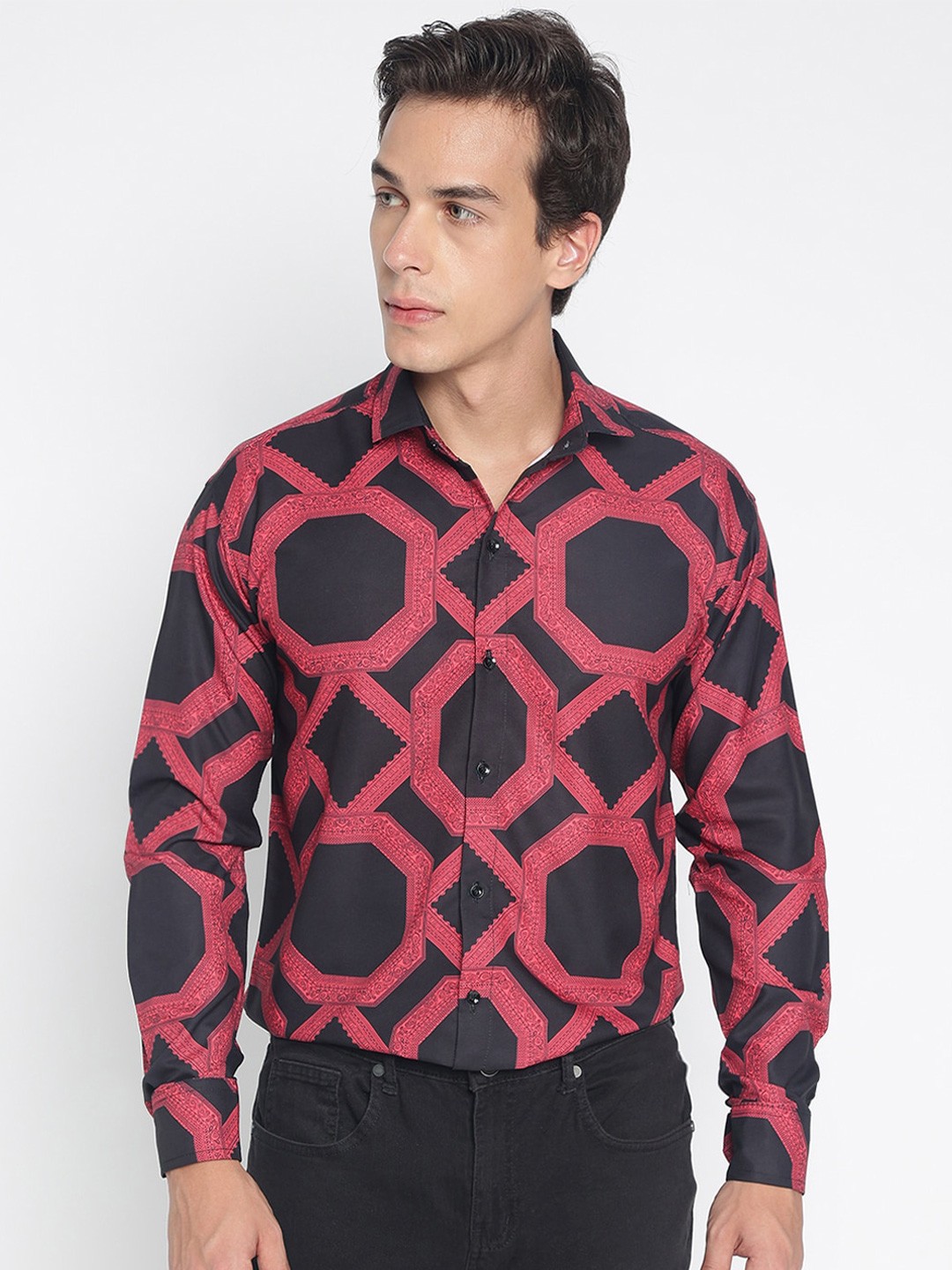 

COLORWINGS Comfort Geometric Printed Opaque Casual Shirt, Black