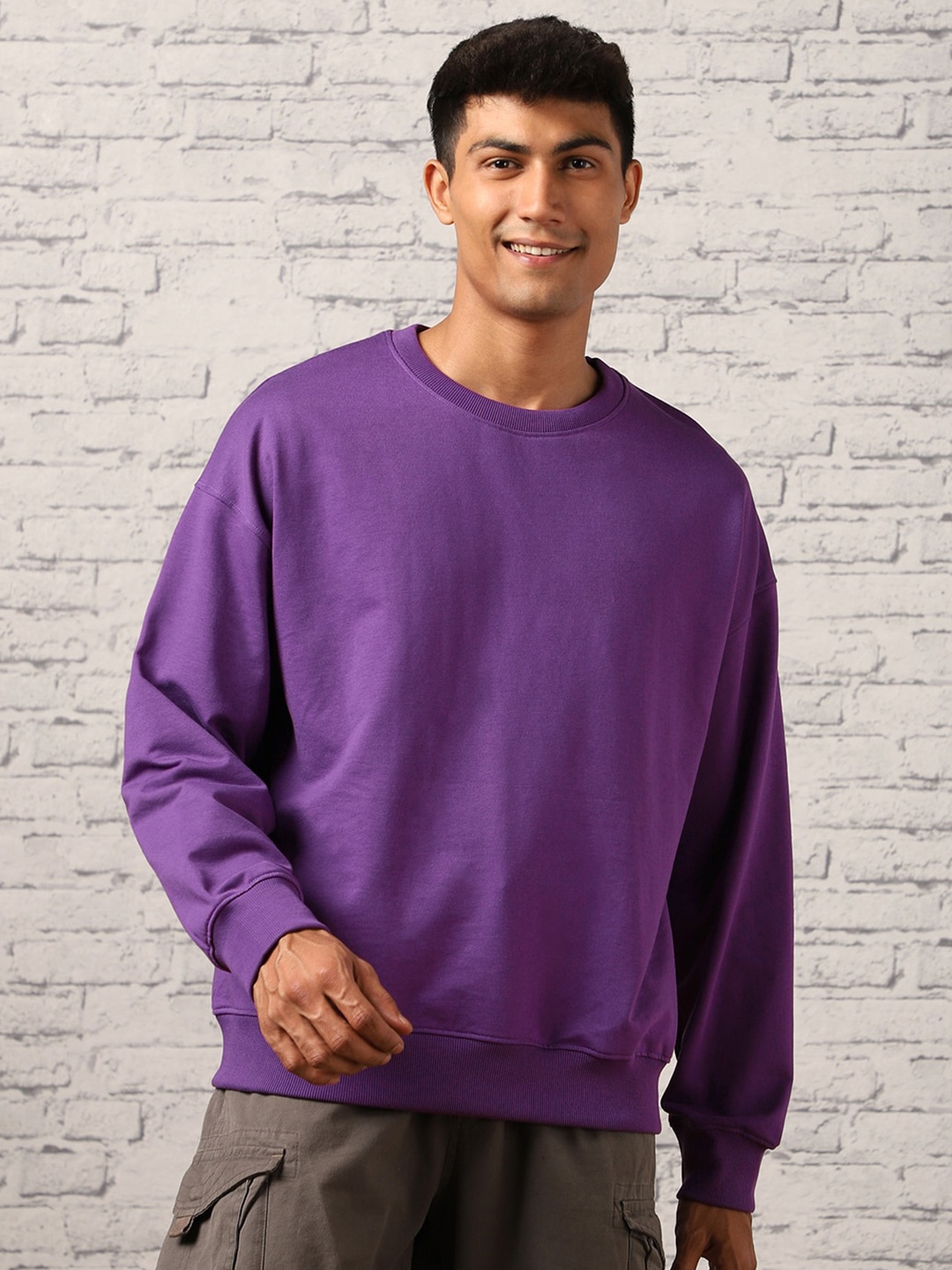 

NOBERO Men Oversized Solid Sweatshirt, Purple