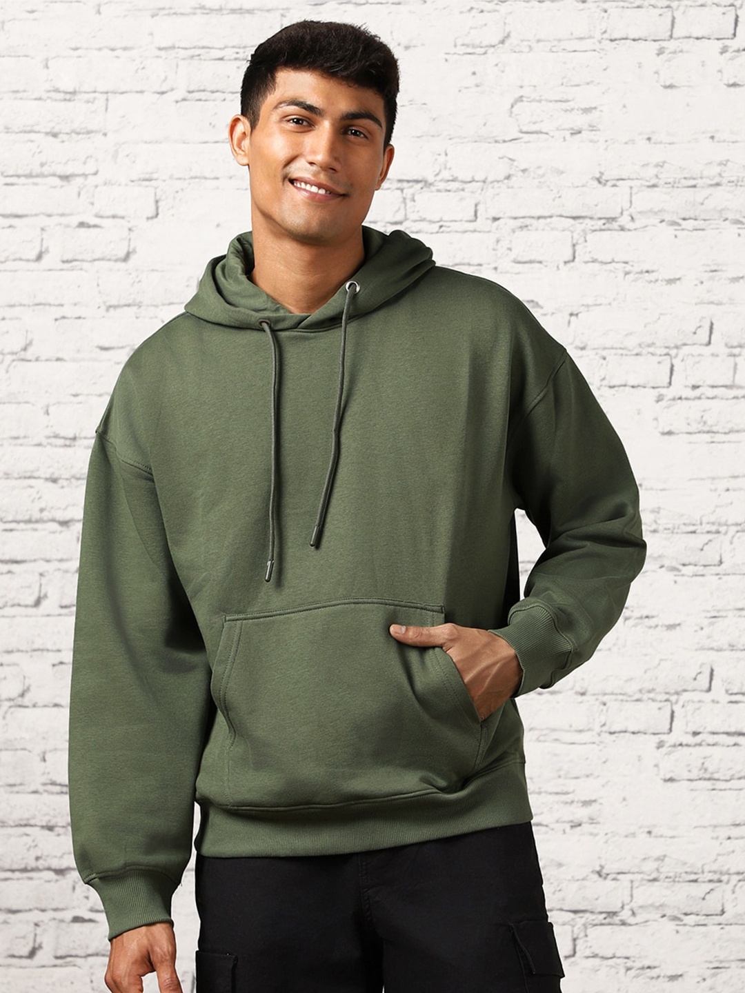 

NOBERO Men Oversized Solid Hooded Sweatshirt, Olive