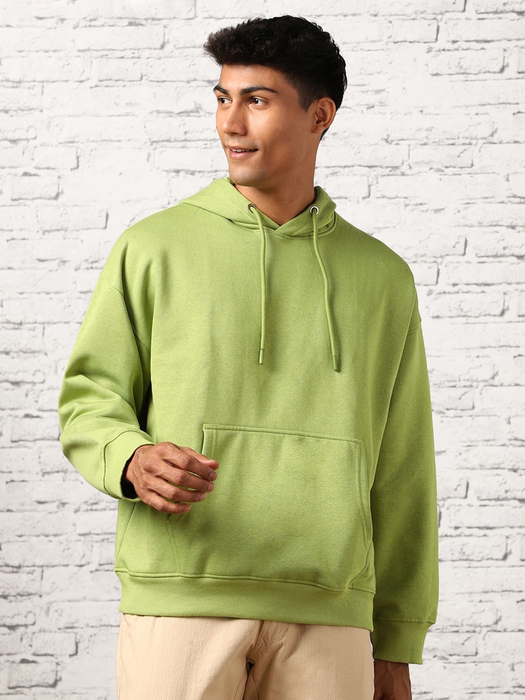 

NOBERO Men Oversized Solid Hooded Sweatshirt, Lime green