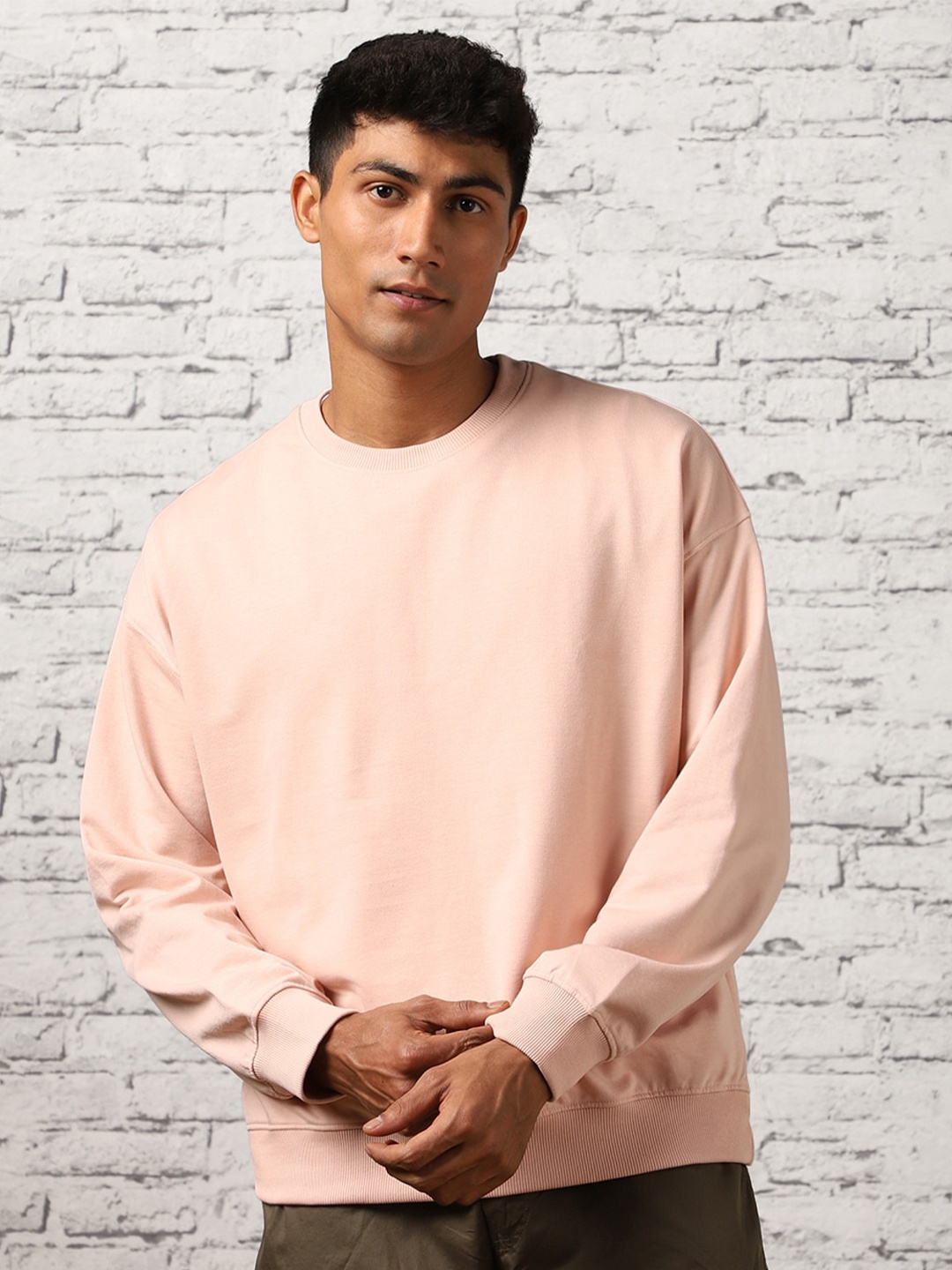 

NOBERO Men Oversized Solid Sweatshirt, Pink