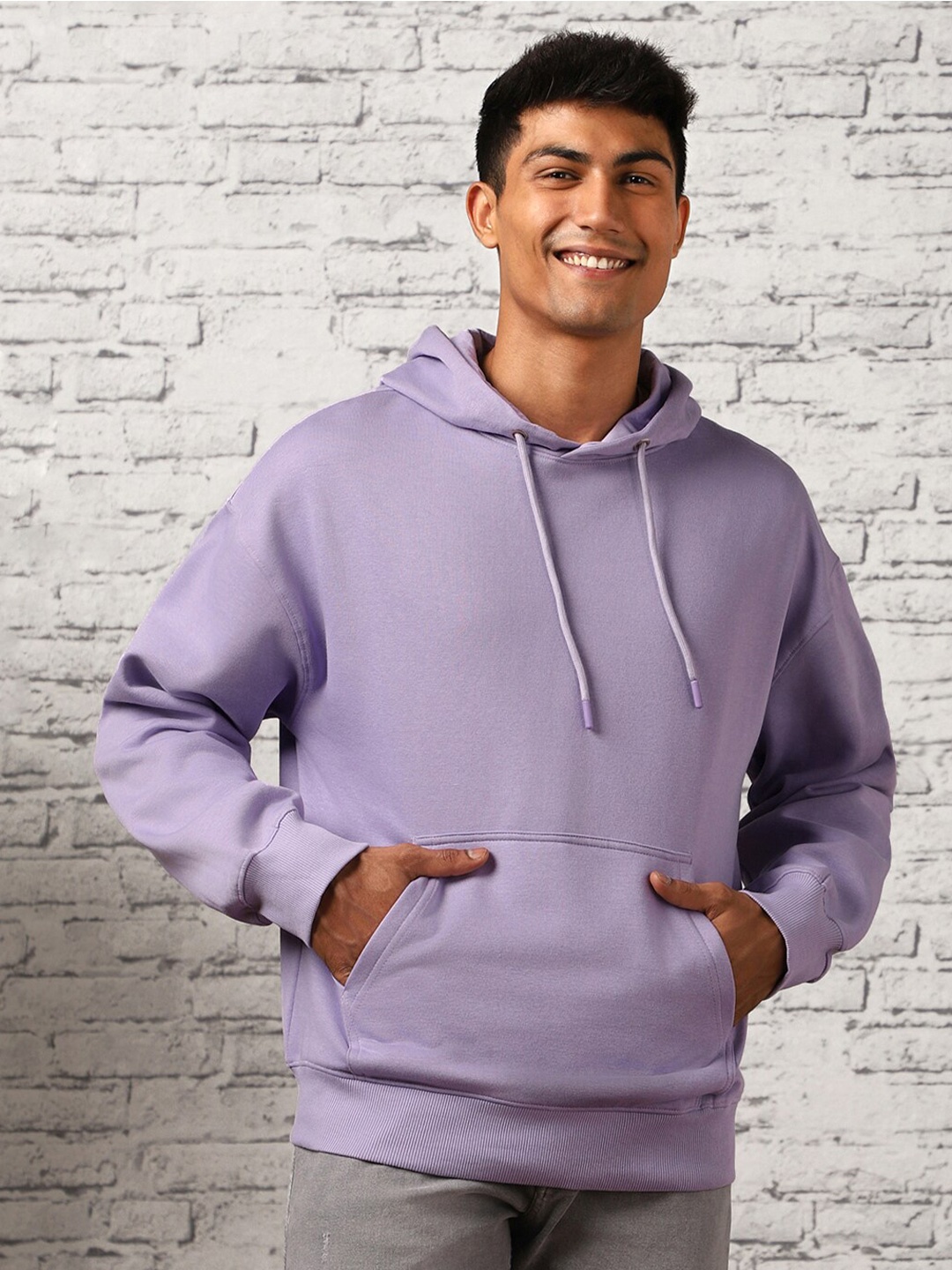 

NOBERO Men Oversized Solid Hooded Sweatshirt, Lavender