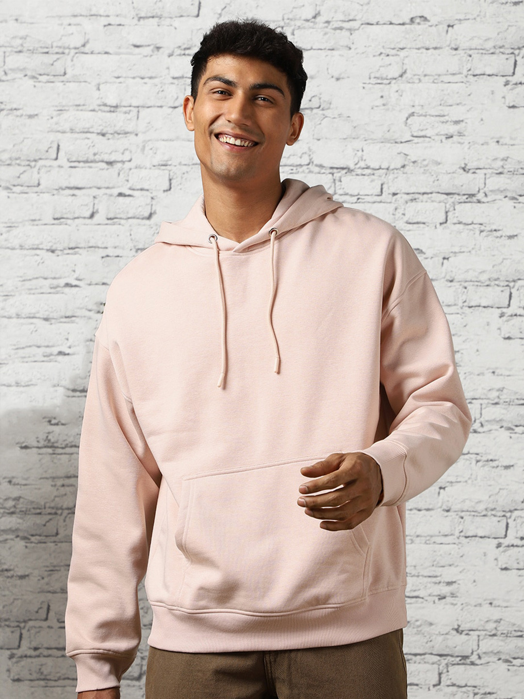 

NOBERO Men Oversized Solid Hooded Sweatshirt, Pink