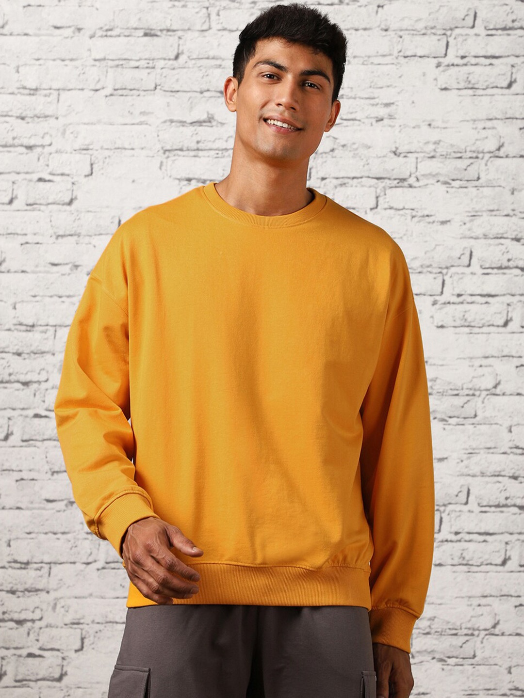 

NOBERO Men Oversized Solid Sweatshirt, Mustard