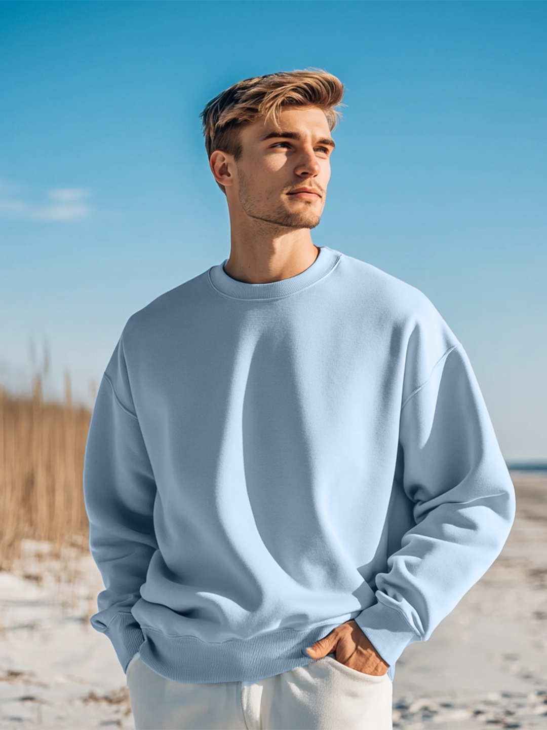 

NOBERO Oversized Solid Sweatshirt, Blue
