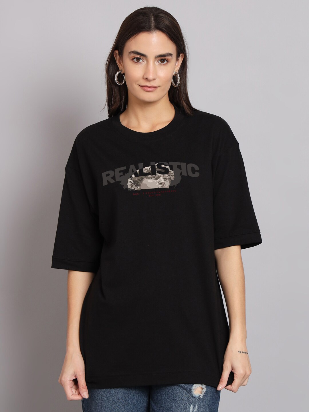 

Imsa Moda Typography Printed Oversized Cotton T-shirt, Black