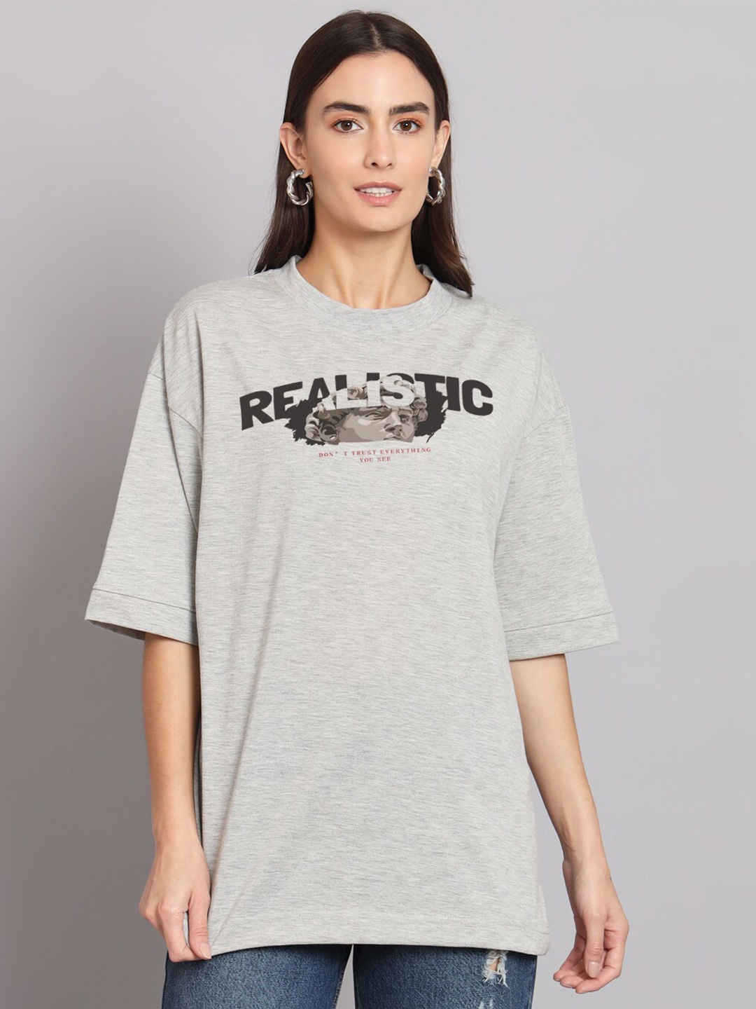 

Imsa Moda Typography Printed Round Neck Drop-Shoulder Sleeves Oversized Cotton T-shirt, Grey
