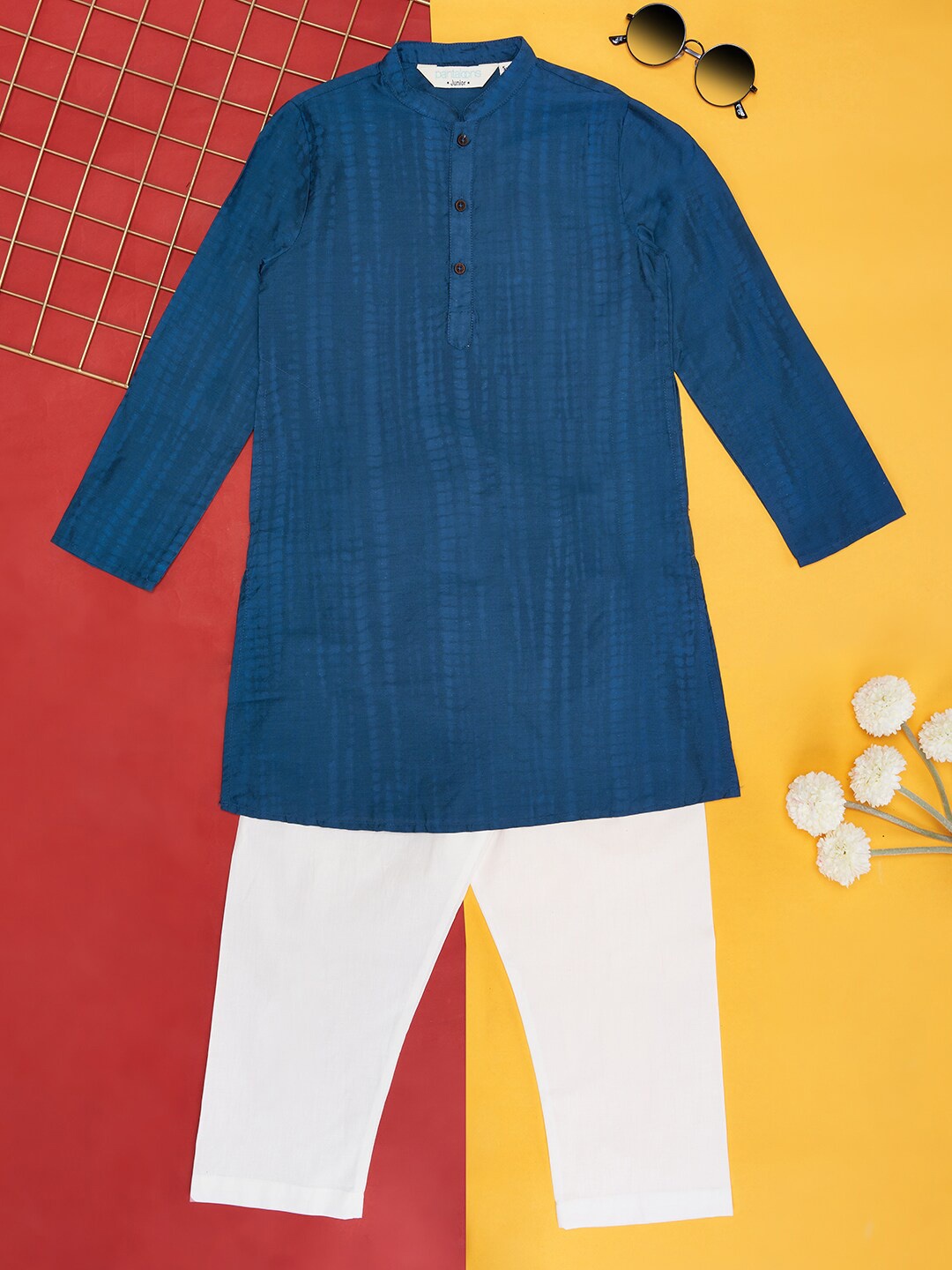 

indus route by Pantaloons Boys Striped Mandarin Collar Regular Kurta with Pyjamas, Blue