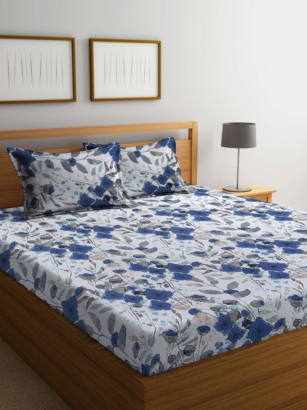 

BOMBAY DYEING Blue & White Floral Cotton 144 TC Queen Bedsheet With 2 Pillow Covers