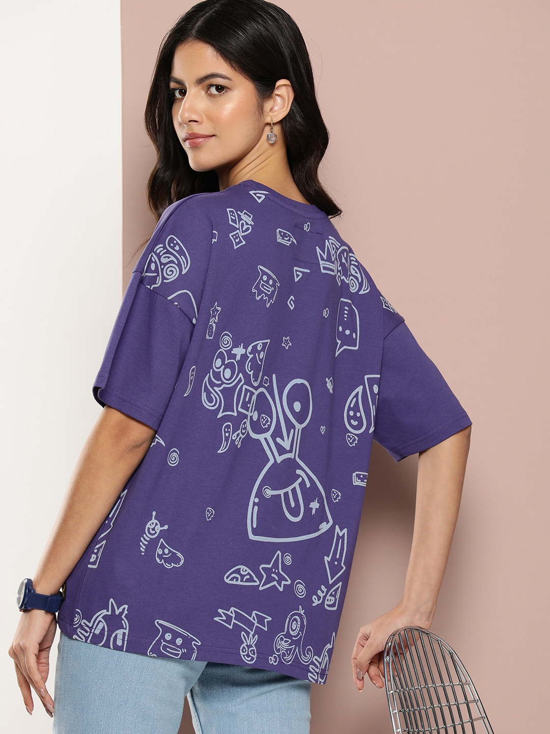 

Stormborn Women Printed Oversized Drop-Shoulder Sleeves Pure Cotton T-shirt, Navy blue