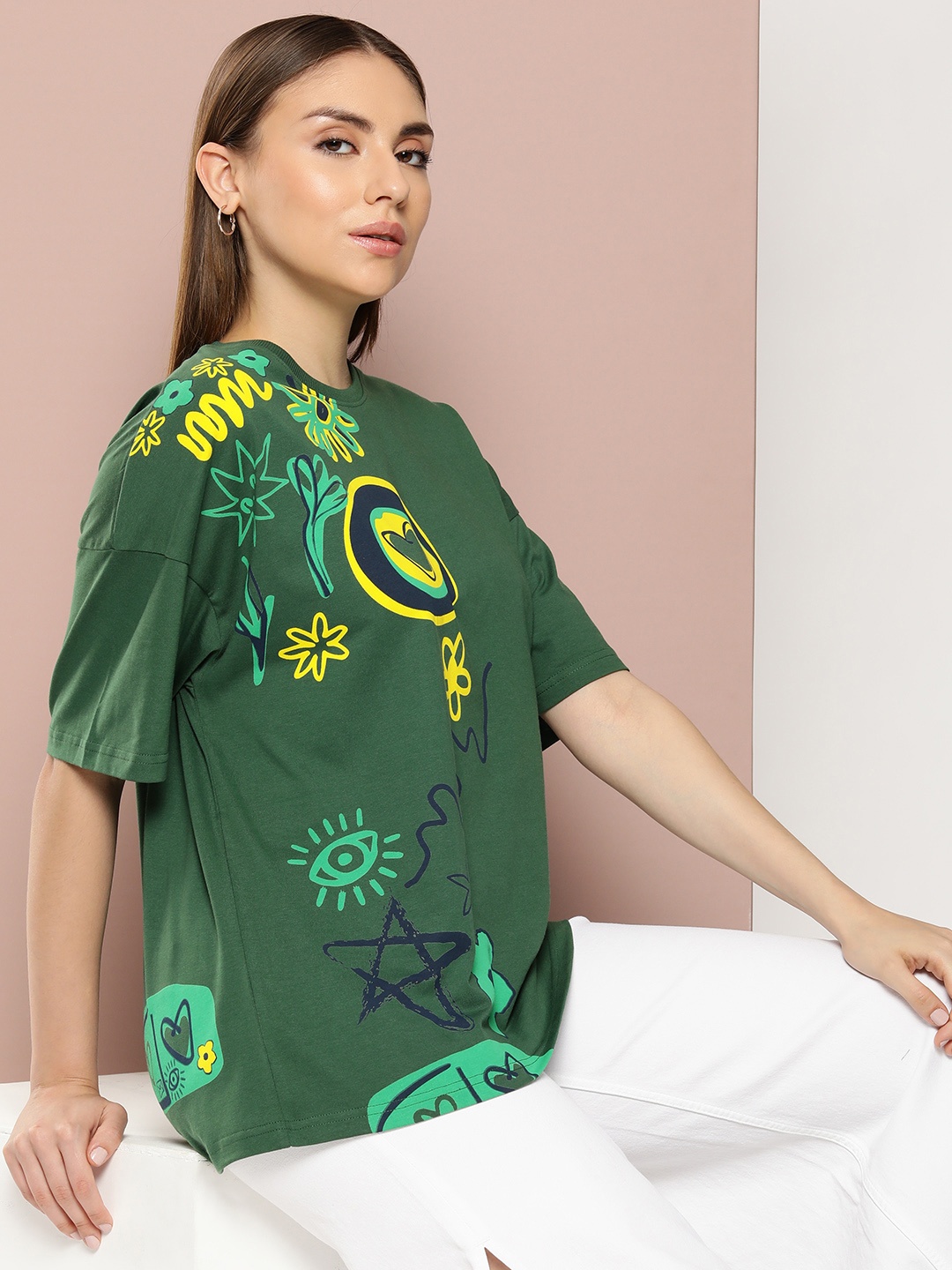 

Stormborn Women Printed Oversized Drop-Shoulder Sleeves Pure Cotton T-shirt, Green