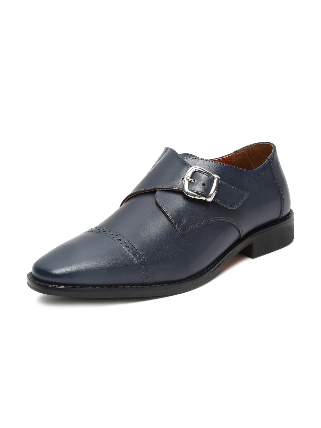 

LOUIS STITCH Men Textured Leather Formal Monk Shoes With Buckle Detail, Navy blue