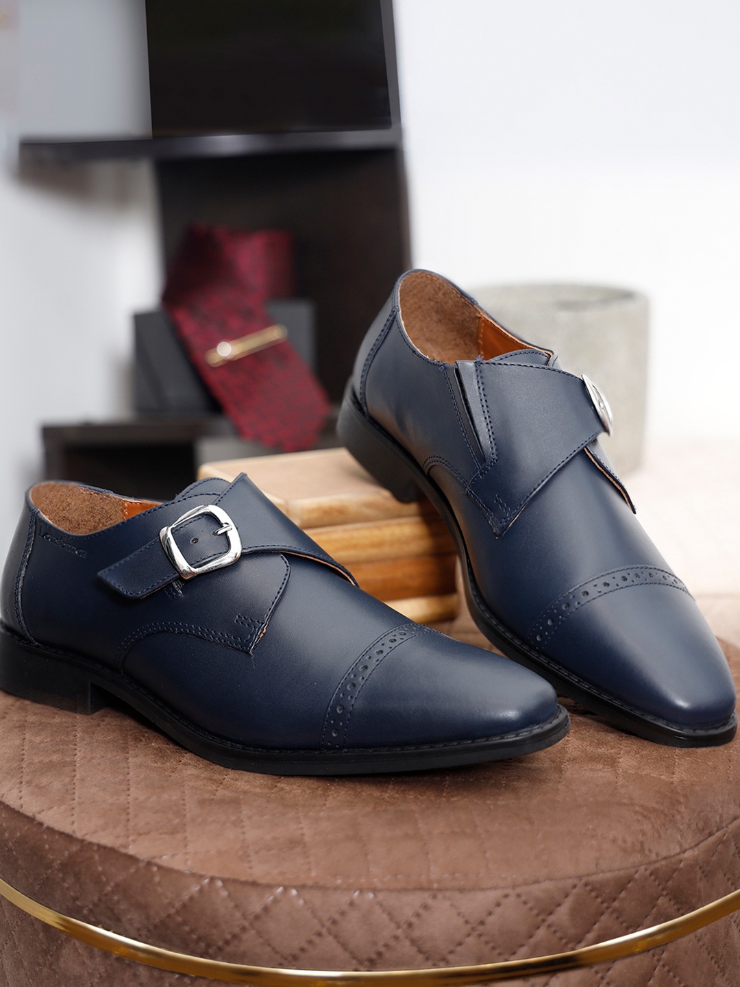 

LOUIS STITCH Men Prussian Blue Premium Italian Leather Formal Monk Shoes, Navy blue