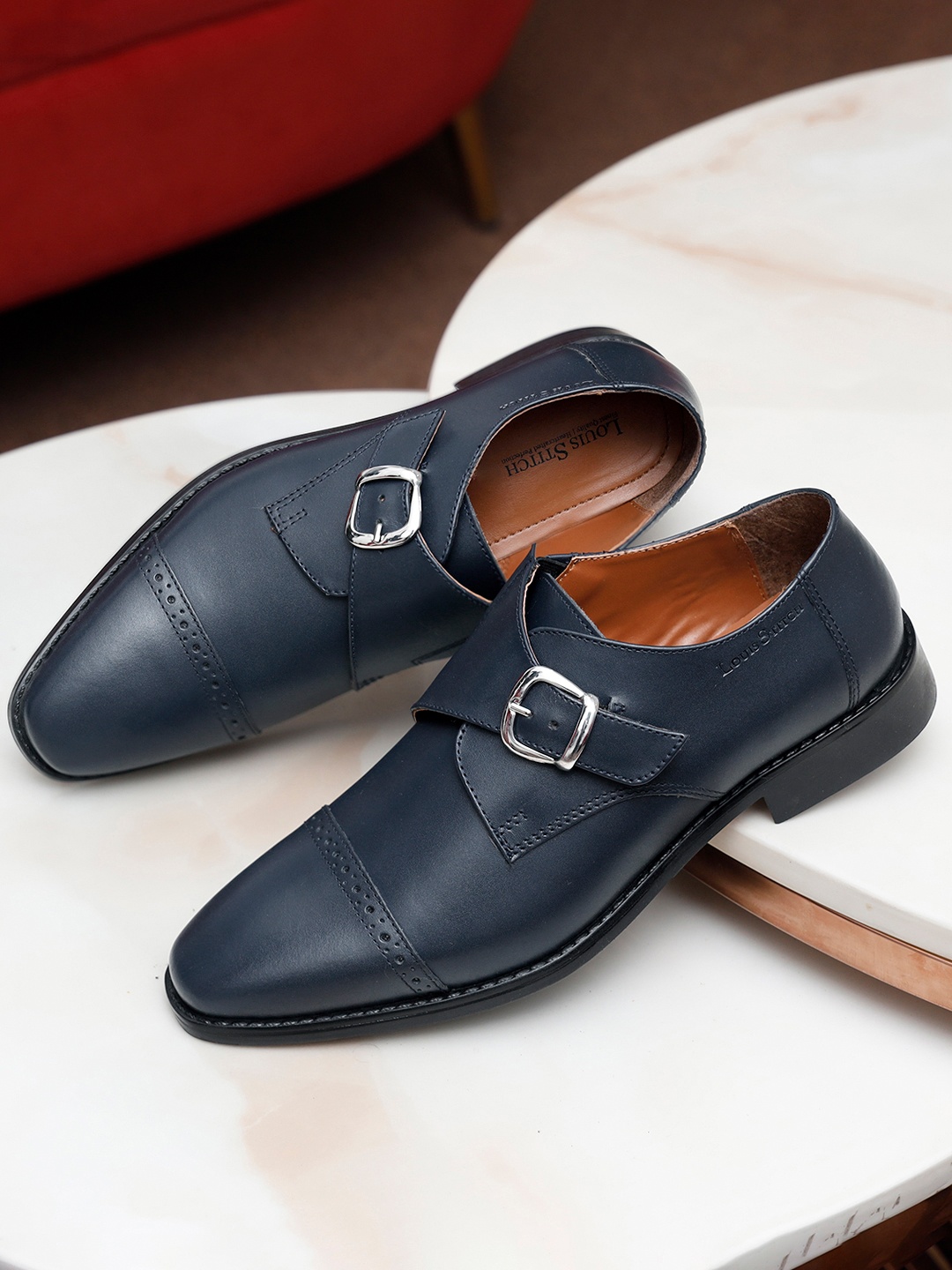 

Louis Stitch Men Prussian Blue Premium Italian Leather Formal Monk Shoes, Navy blue