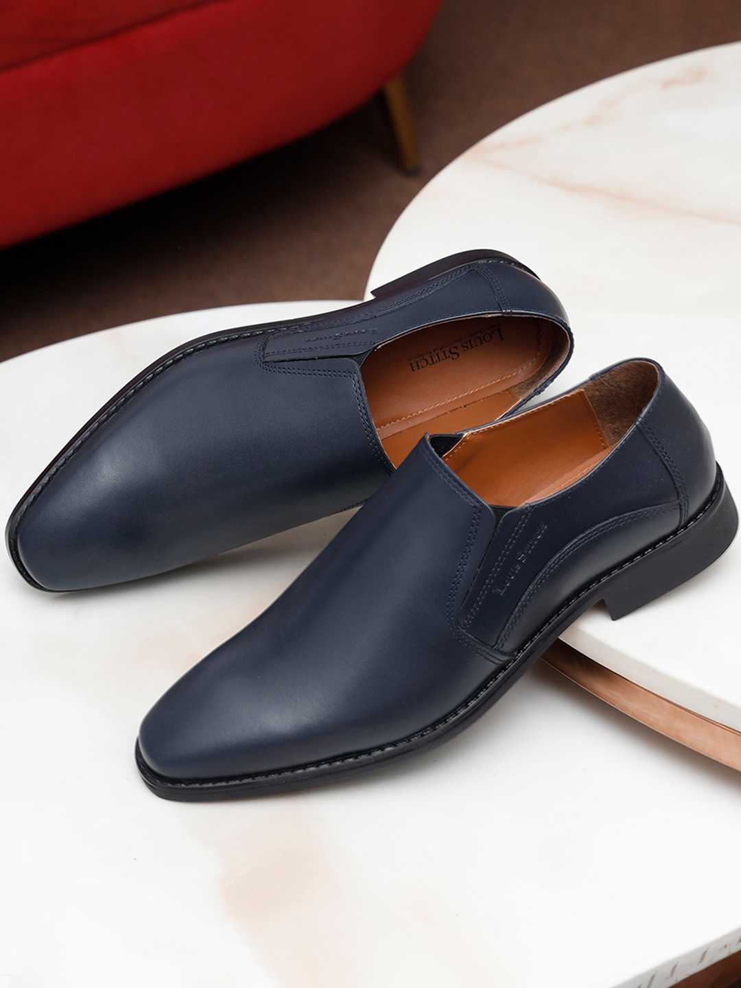 

Louis Stitch Men Prussian Blue Premium Italian Leather Formal Slip-On Shoes, Navy blue