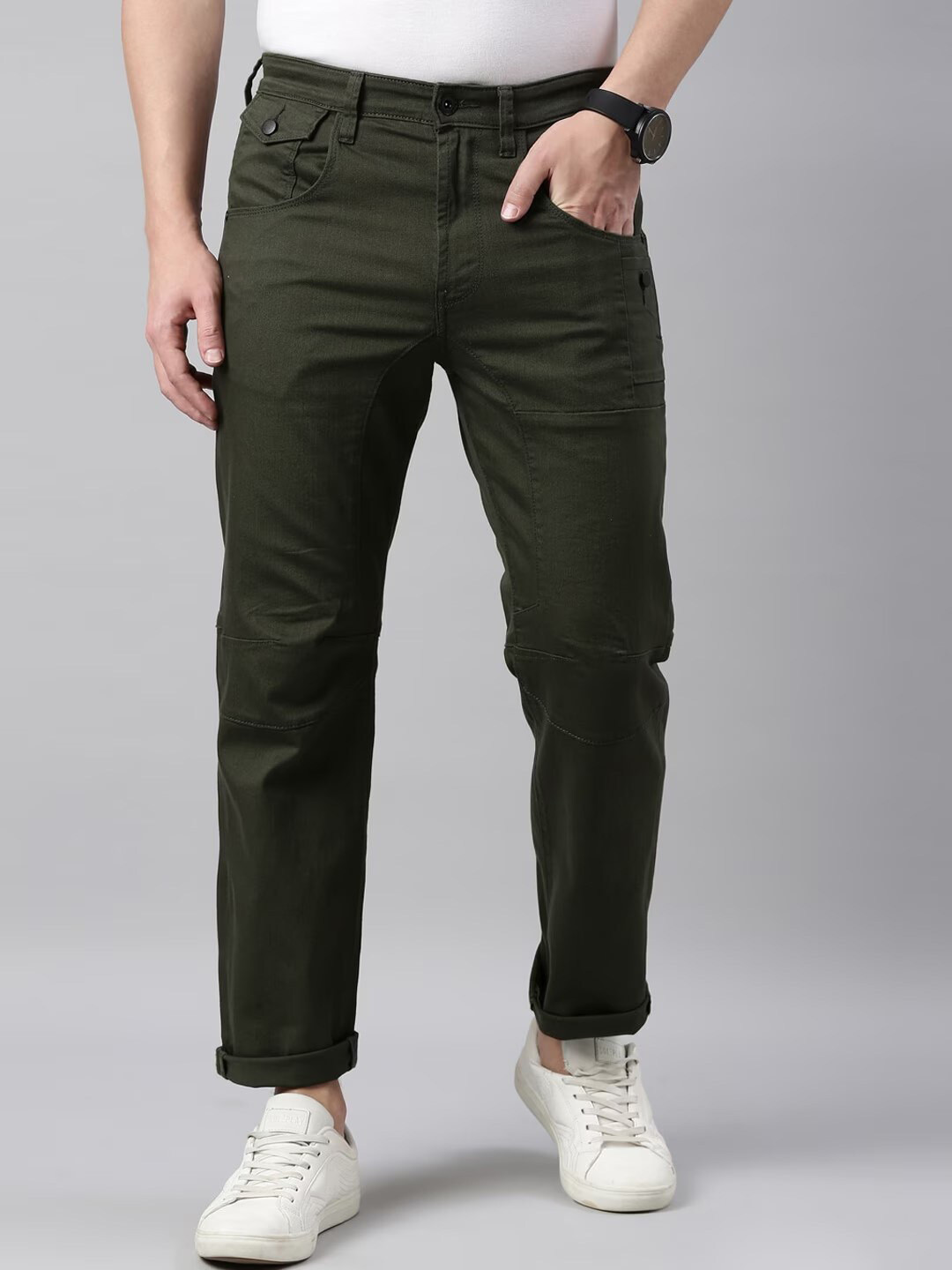 

American Bull Men Clean Look Mid-Rise Stretchable Jeans, Olive