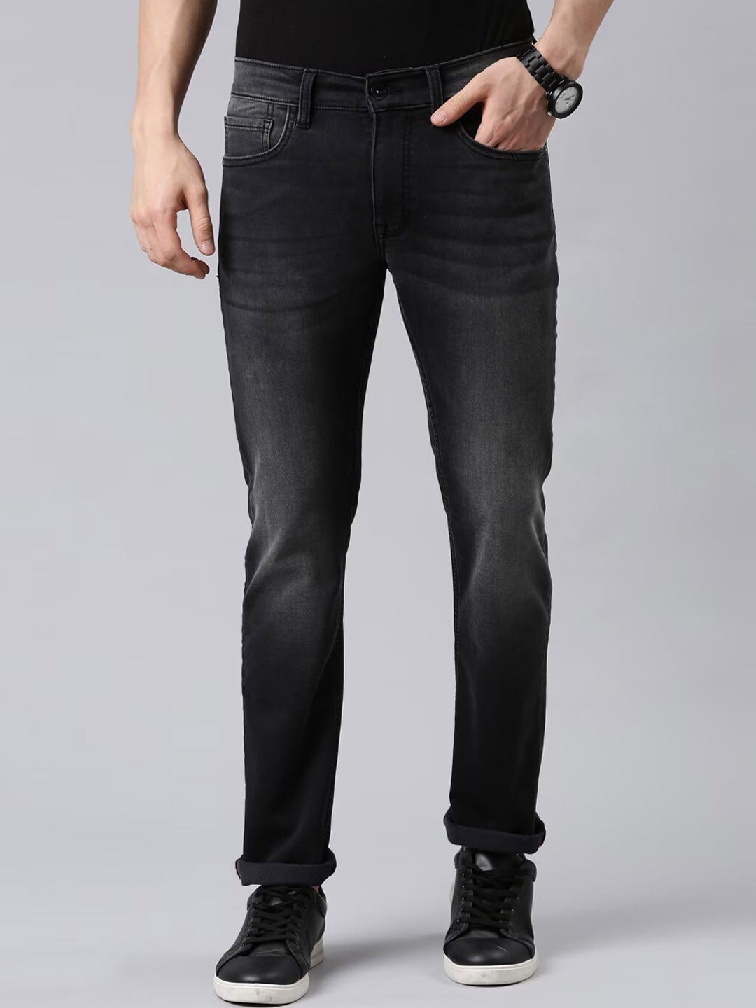 

American Bull Men Clean Look Slim Fit Mid-Rise Light Fade Stretchable Jeans, Black
