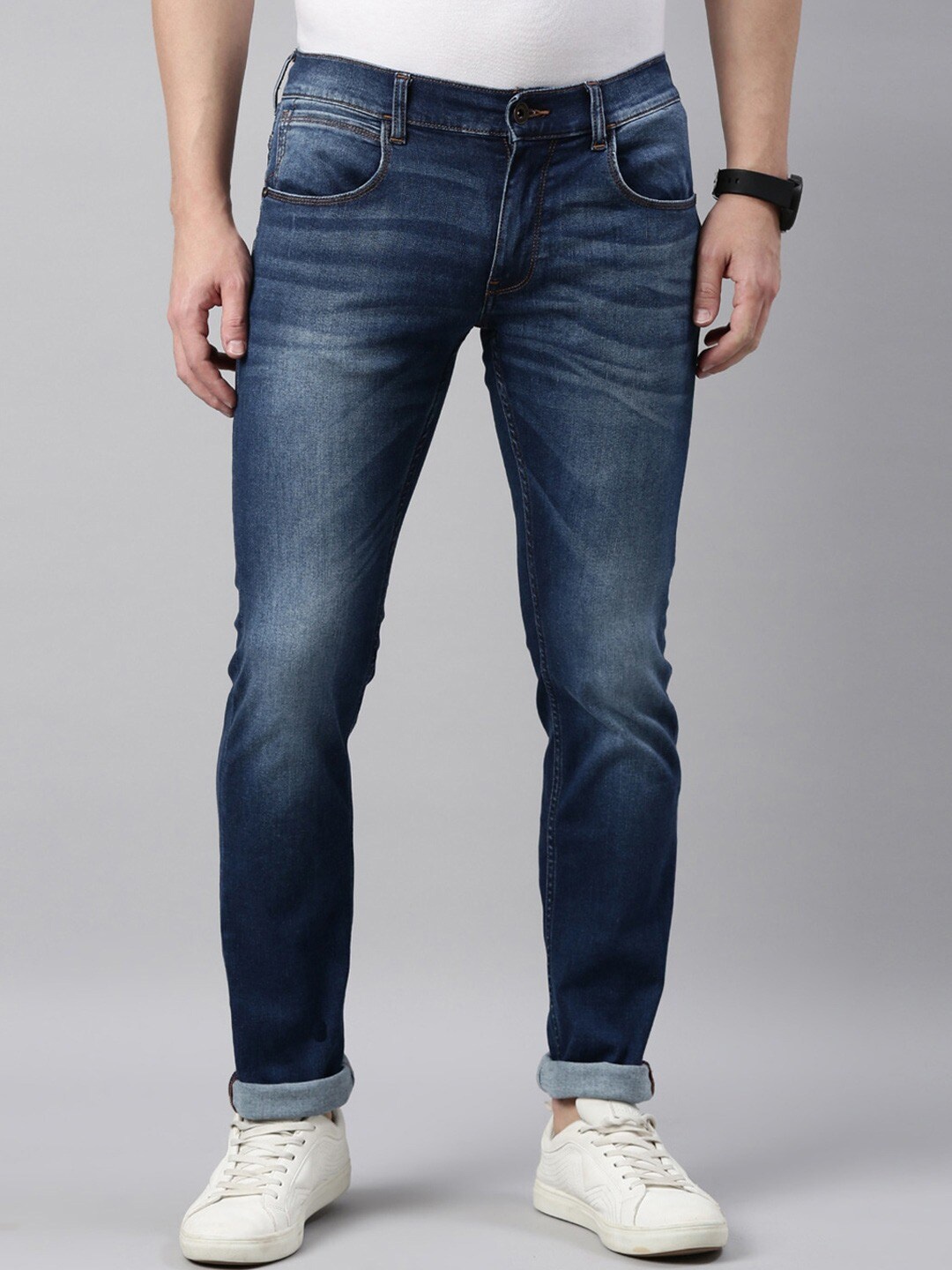 

American Bull Men Clean Look Mid-Rise Light Fade Stretchable Jeans, Blue