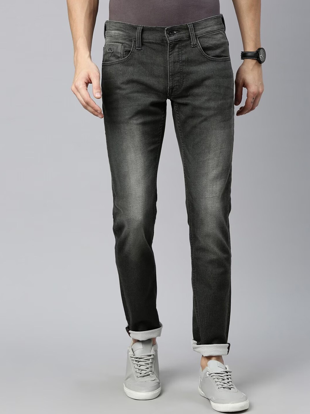 

American Bull Men Skinny Fit Mid-Rise Light Fade Stretchable Jeans, Black