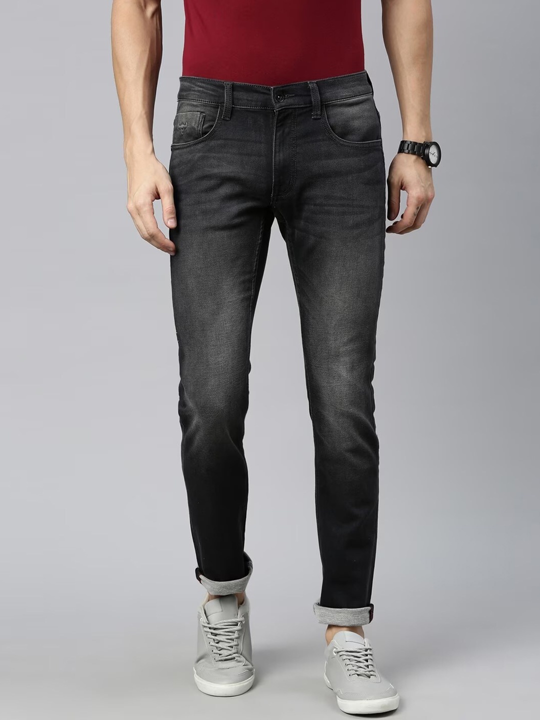 

American Bull Men Skinny Fit Mid-Rise Heavy Fade Stretchable Jeans, Black