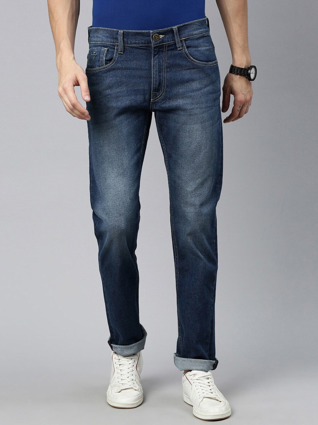 

American Bull Men Clean Look Slim Fit Mid-Rise Light Fade Stretchable Jeans, Blue