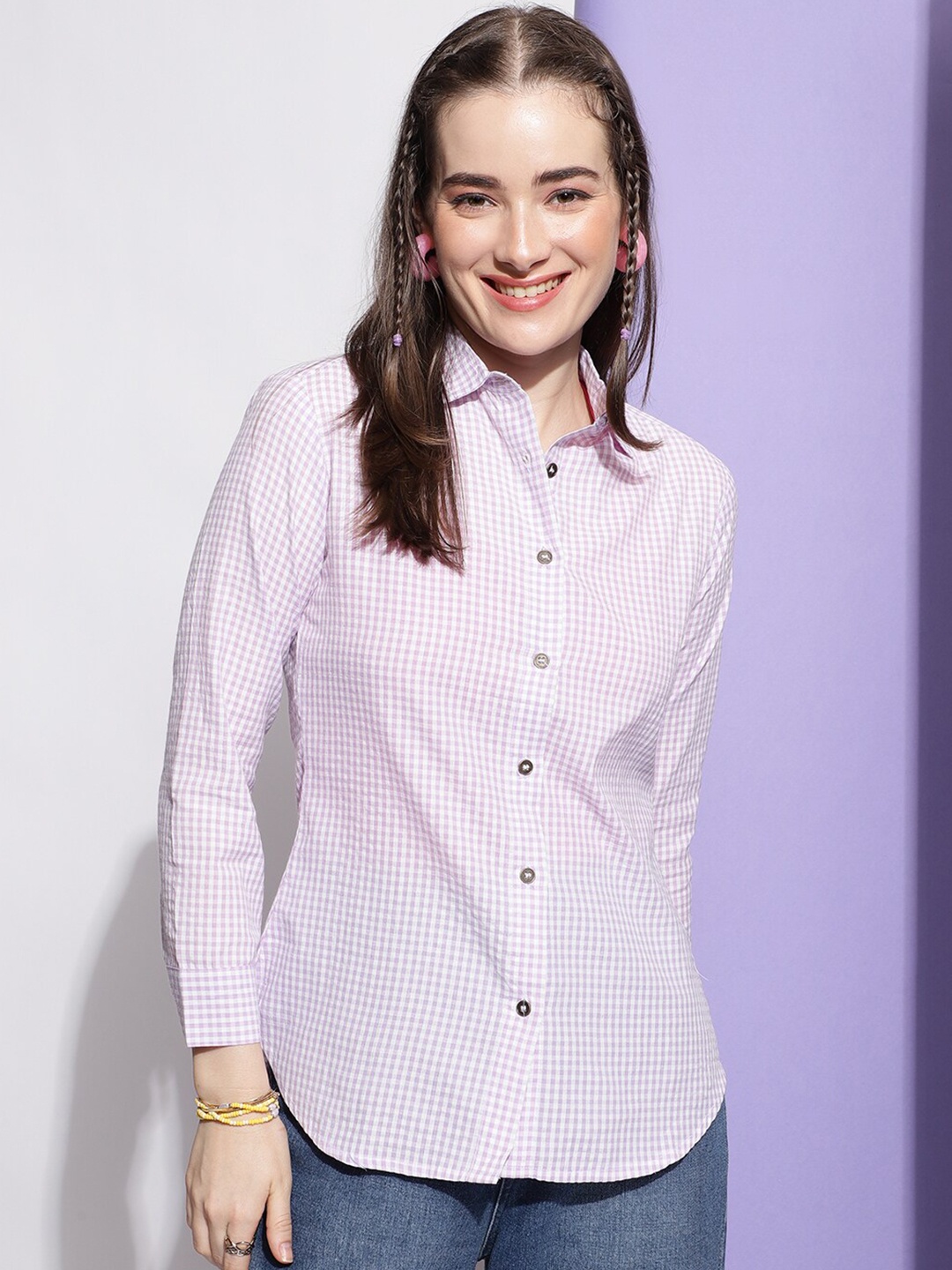 

Colors of Earth Classic Opaque Micro Checked Cotton Casual Shirt, Lavender