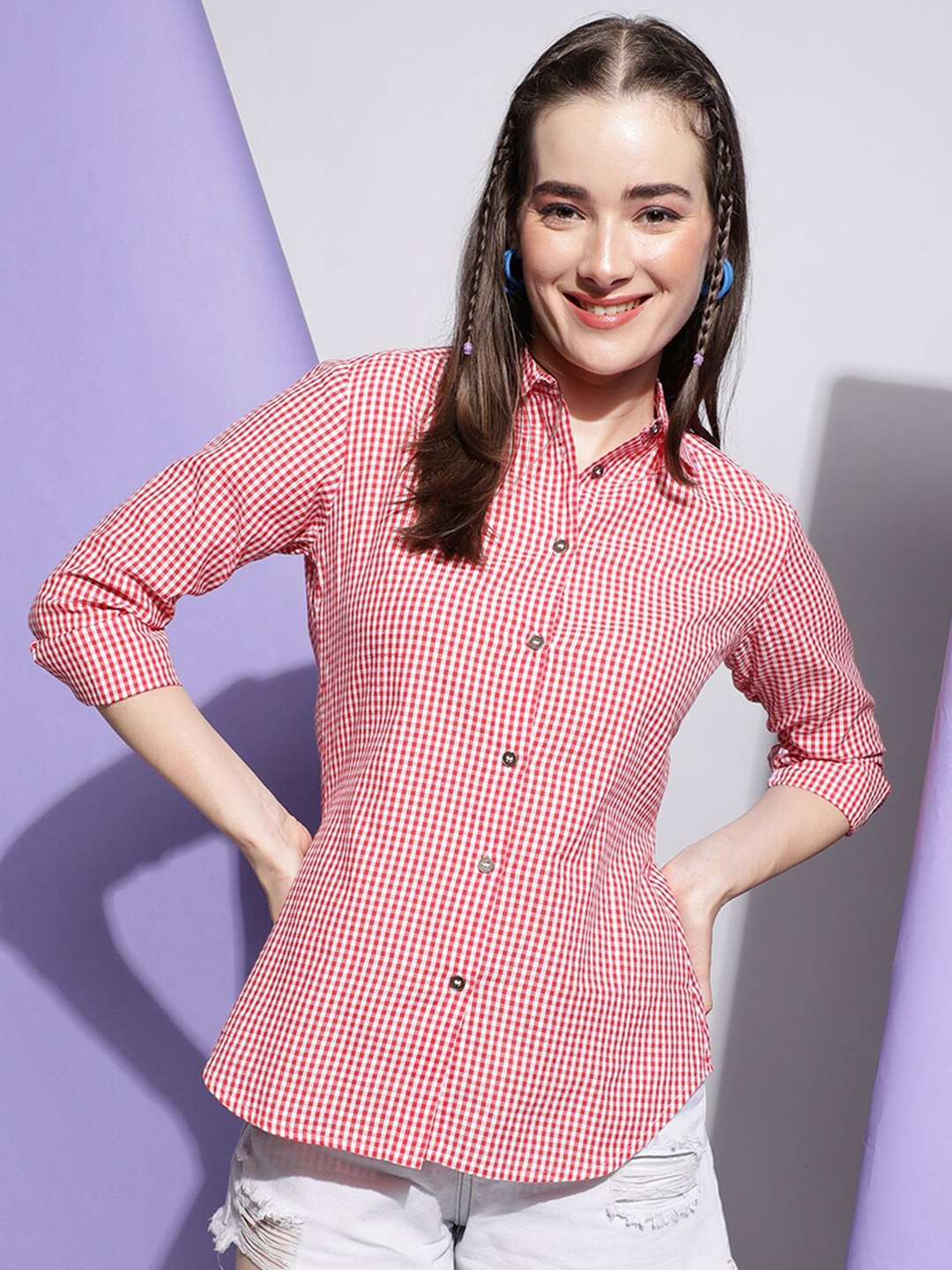 

Colors of Earth Classic Opaque Micro Checked Cotton Casual Shirt, Red