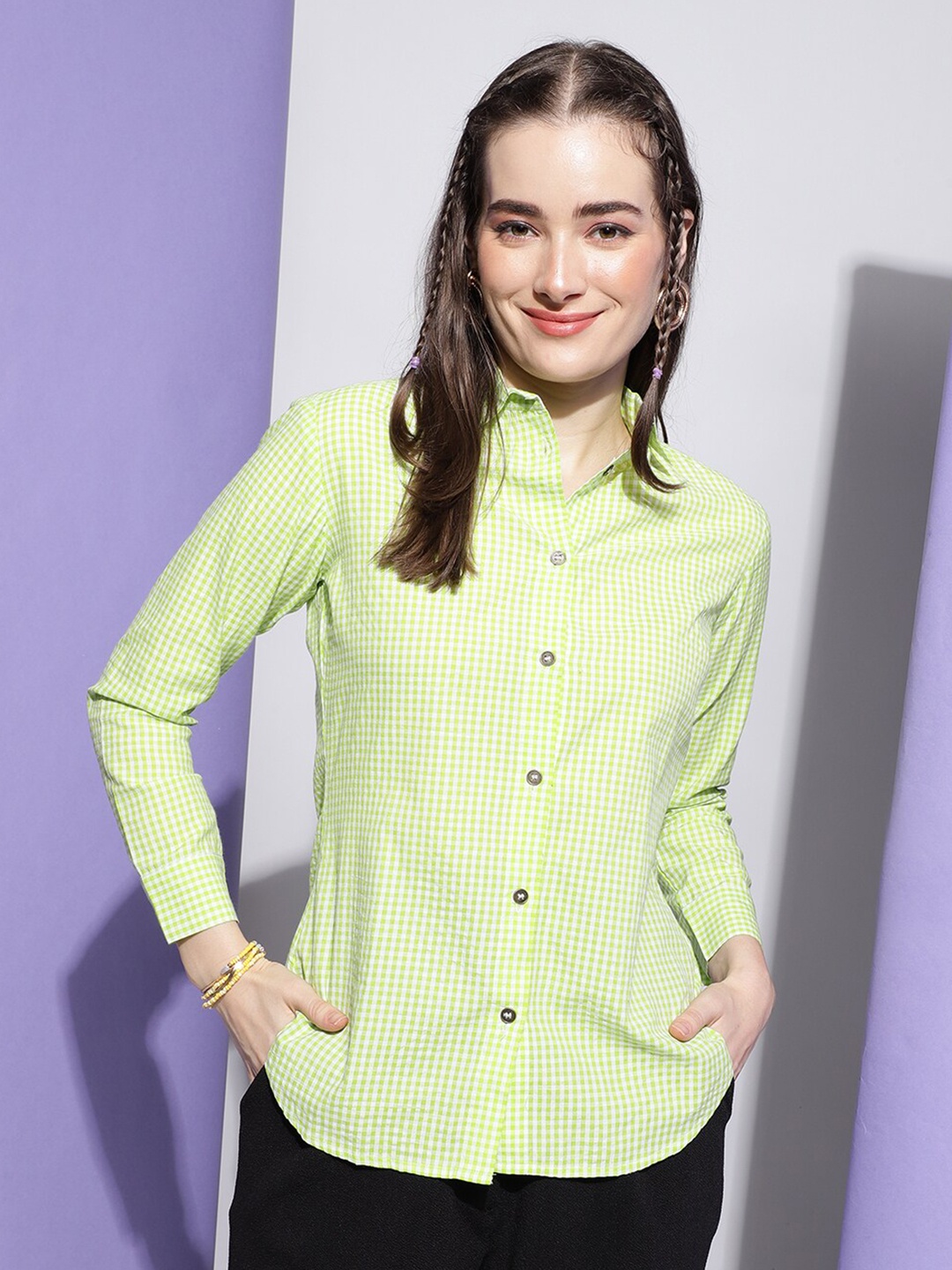 

Colors of Earth Classic Opaque Micro Checked Cotton Casual Shirt, Green