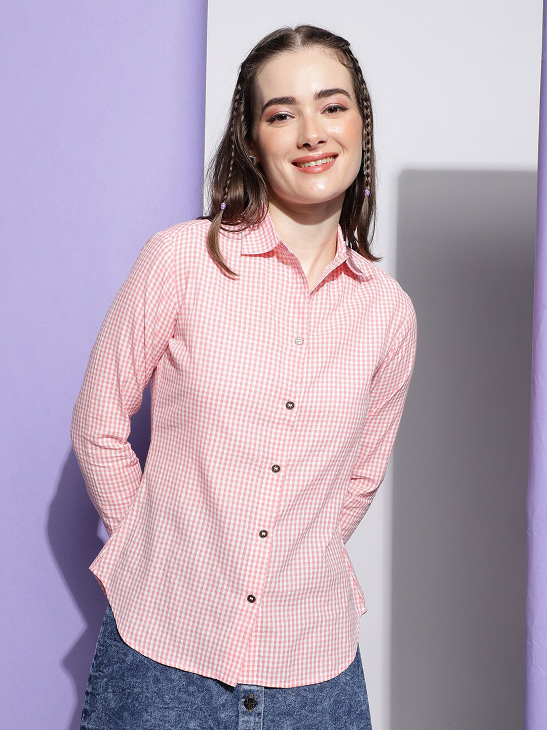 

Colors of Earth Classic Opaque Micro Checked Cotton Casual Shirt, Pink