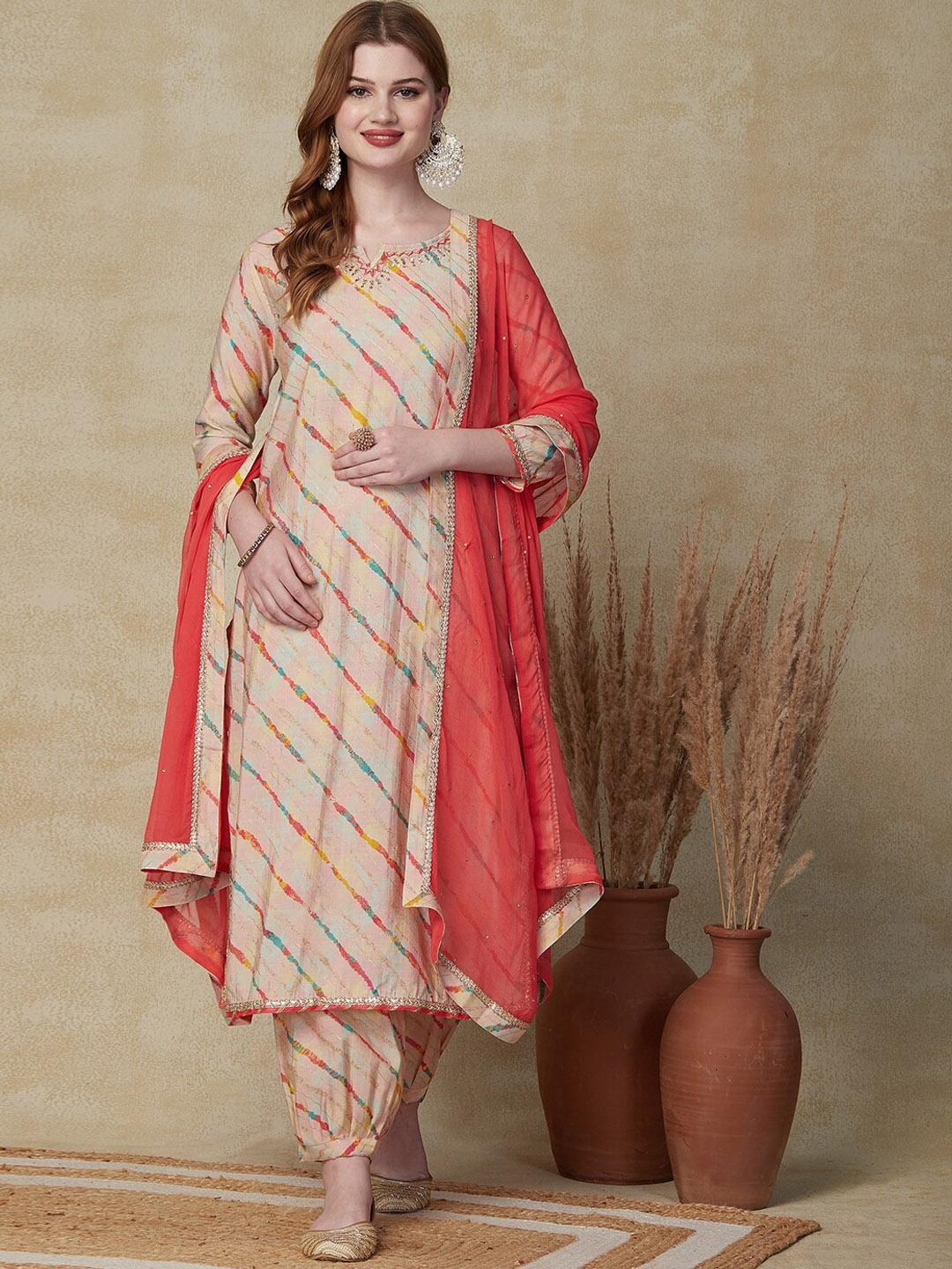 

FASHOR Beige Leheriya Printed Straight Sequinned Kurta & Salwar With Dupatta