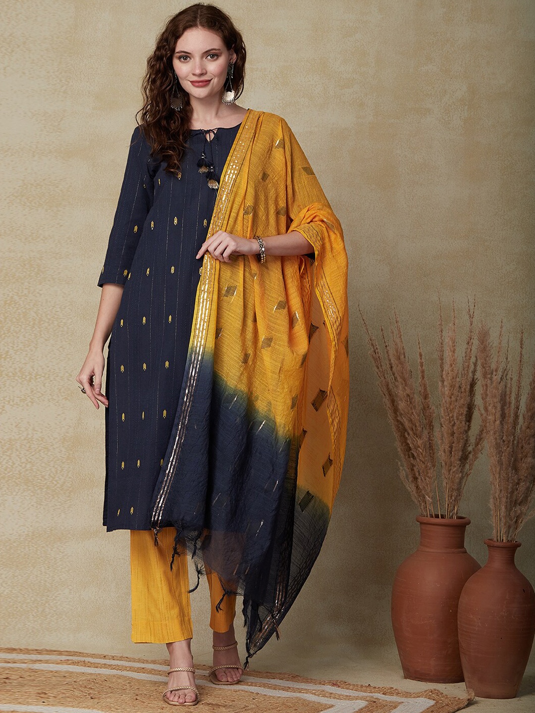 

FASHOR Navy Blue Striped Pure Cotton Zari Straight Kurta & Trousers With Dupatta