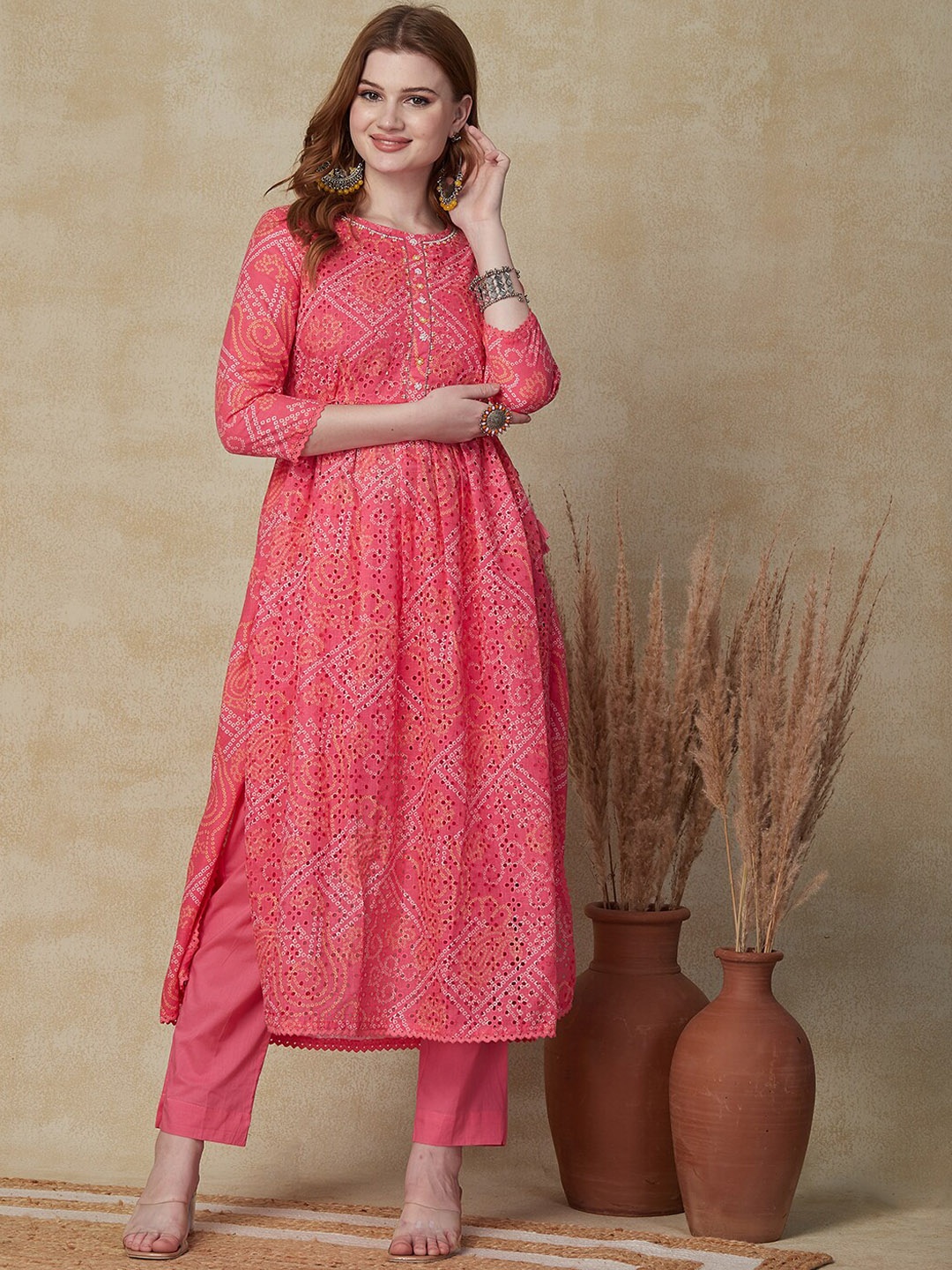 

FASHOR Pink Bandhani Printed Beads and Stones Pure Cotton Pleated Straight Kurta Set