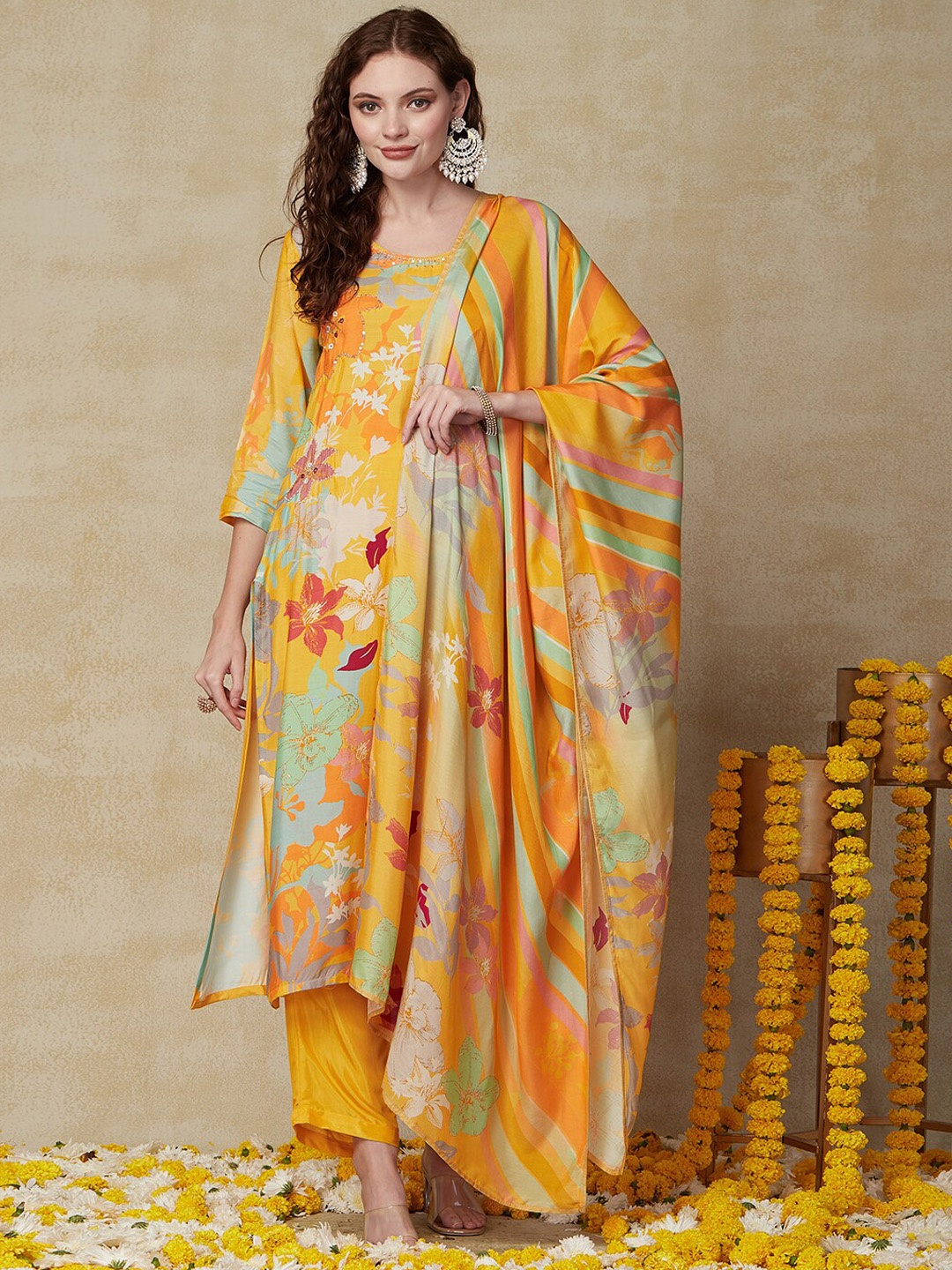 

FASHOR Yellow Floral Printed Sequinned Straight Kurta & Trousers With Dupatta