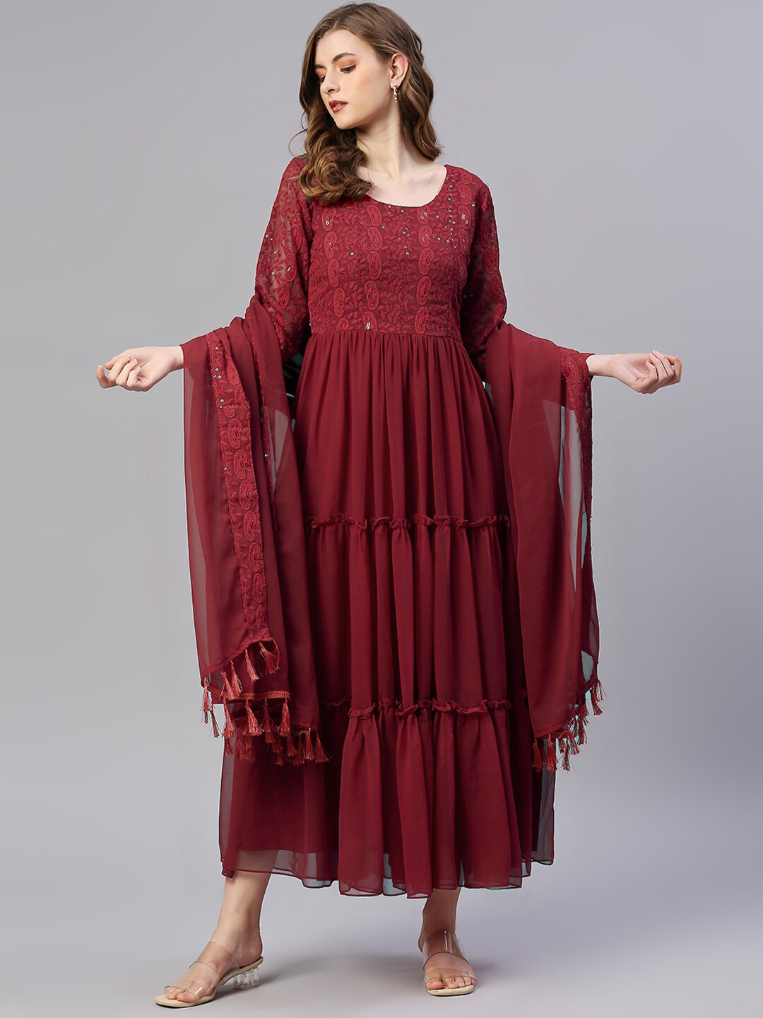 

BLACK SCISSOR Ethnic Motifs Embroidered Georgette Fit & Flare Ethnic Dress With Dupatta, Maroon
