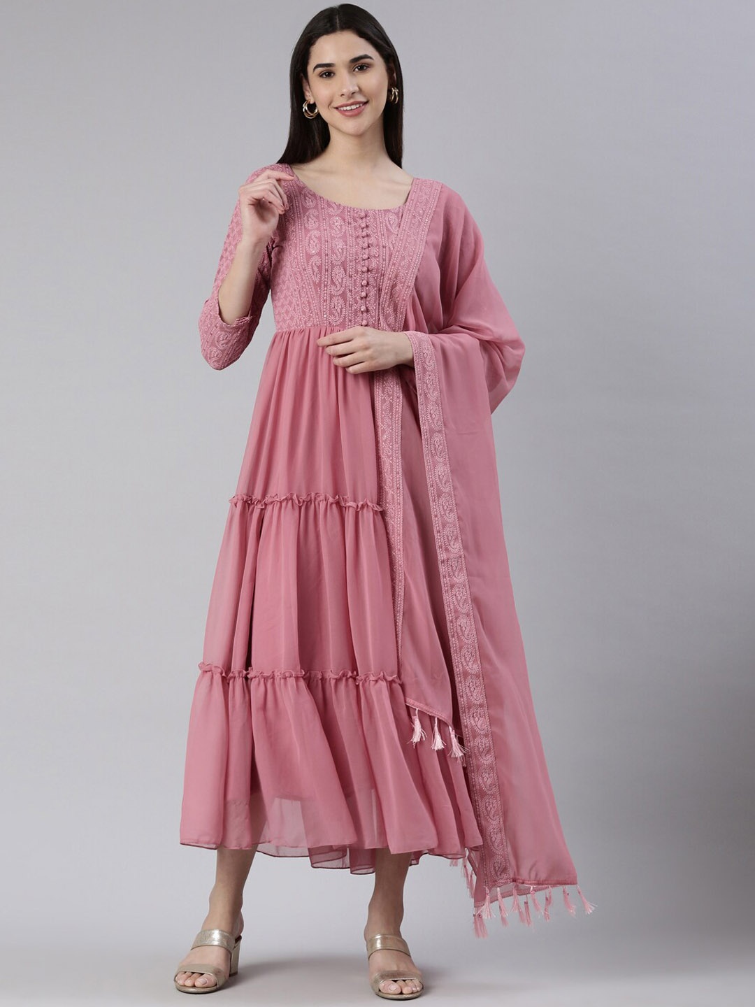 

BLACK SCISSOR Ethnic Motifs Embroidered Georgette Fit & Flare Ethnic Dresses With Dupatta, Pink