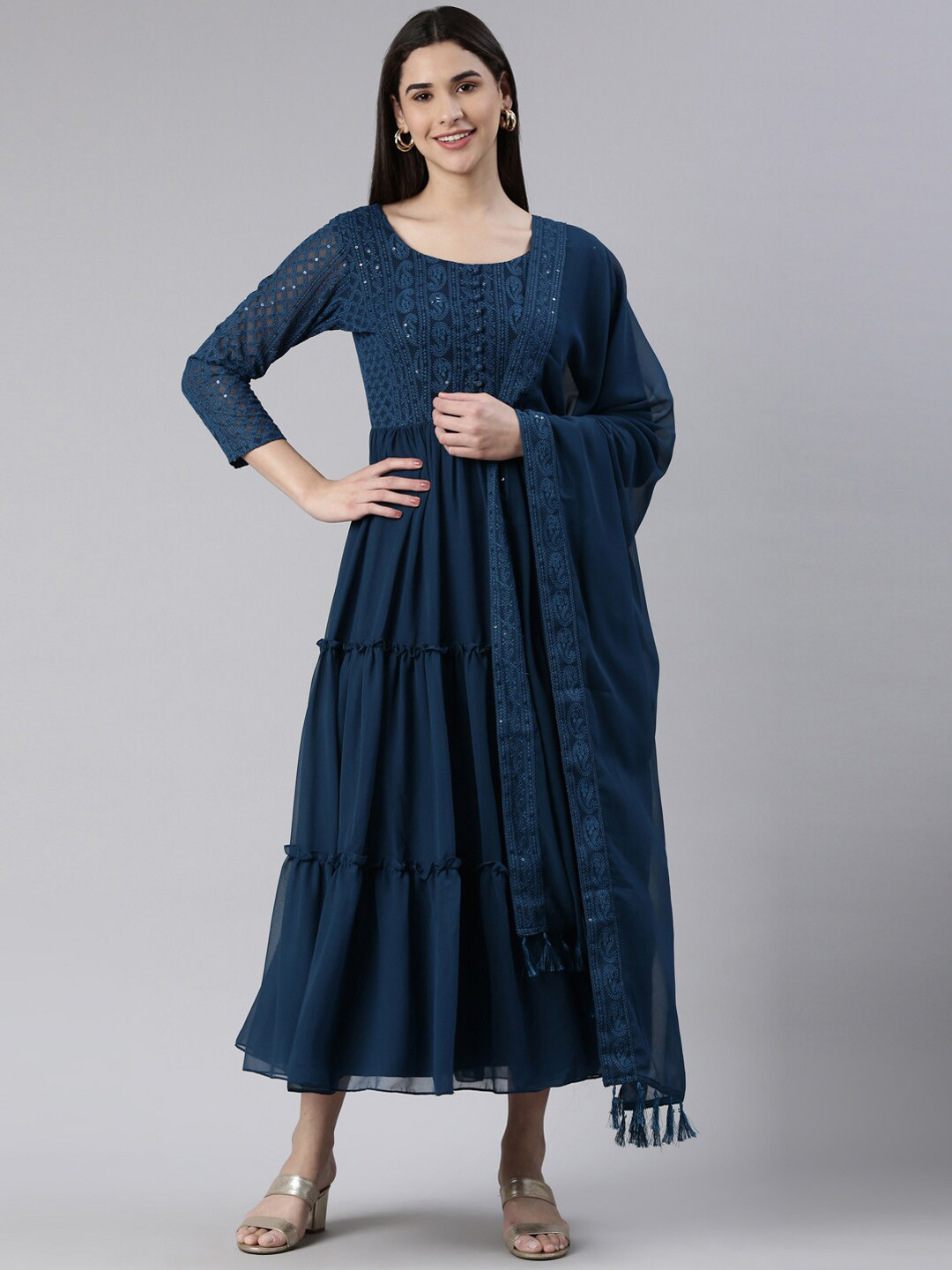 

BLACK SCISSOR Embroidered Ruffled Tiered Fit & Flared Maxi Ethnic Dress With Dupatta, Navy blue