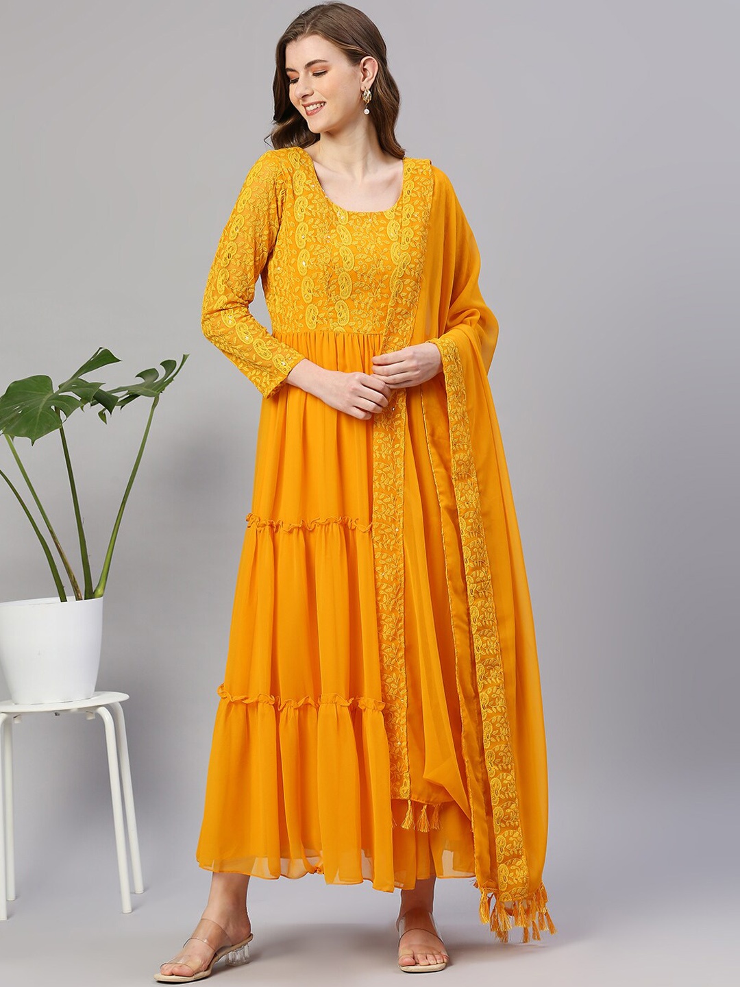 

BLACK SCISSOR Embroidered Ruffled Tiered Fit & Flared Georgette Ethnic Dress With Dupatta, Mustard