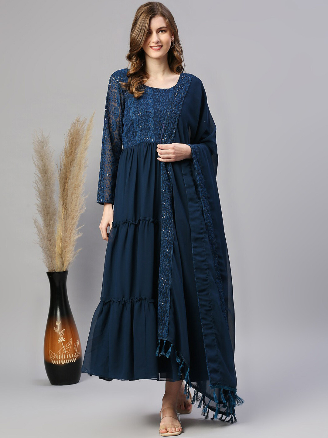 

BLACK SCISSOR Embroidered Ruffled Tiered Fit & Flared Georgette Ethnic Dress With Dupatta, Navy blue