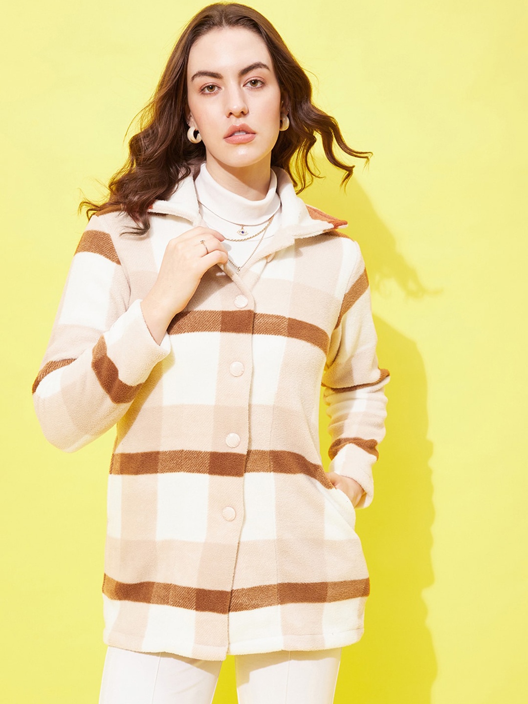 

Modeve Checked Stand Collar Lightweight Longline Tailored Jacket, Beige