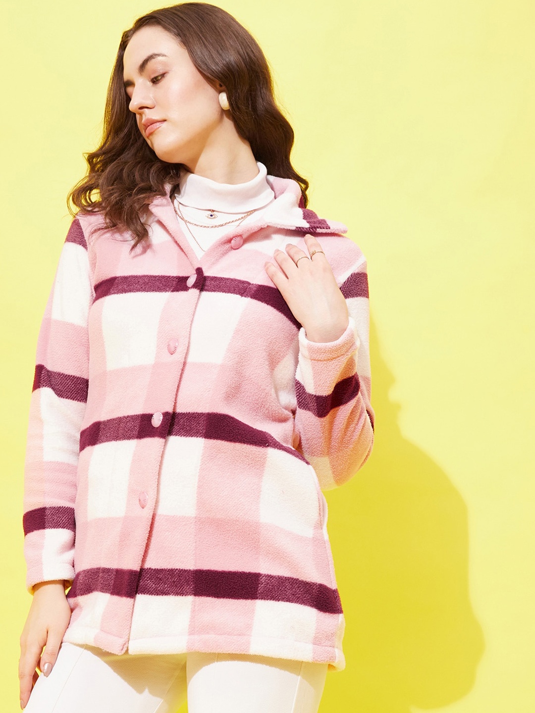 

Modeve Checked Stand Collar Lightweight Longline Open Front Jacket, Pink