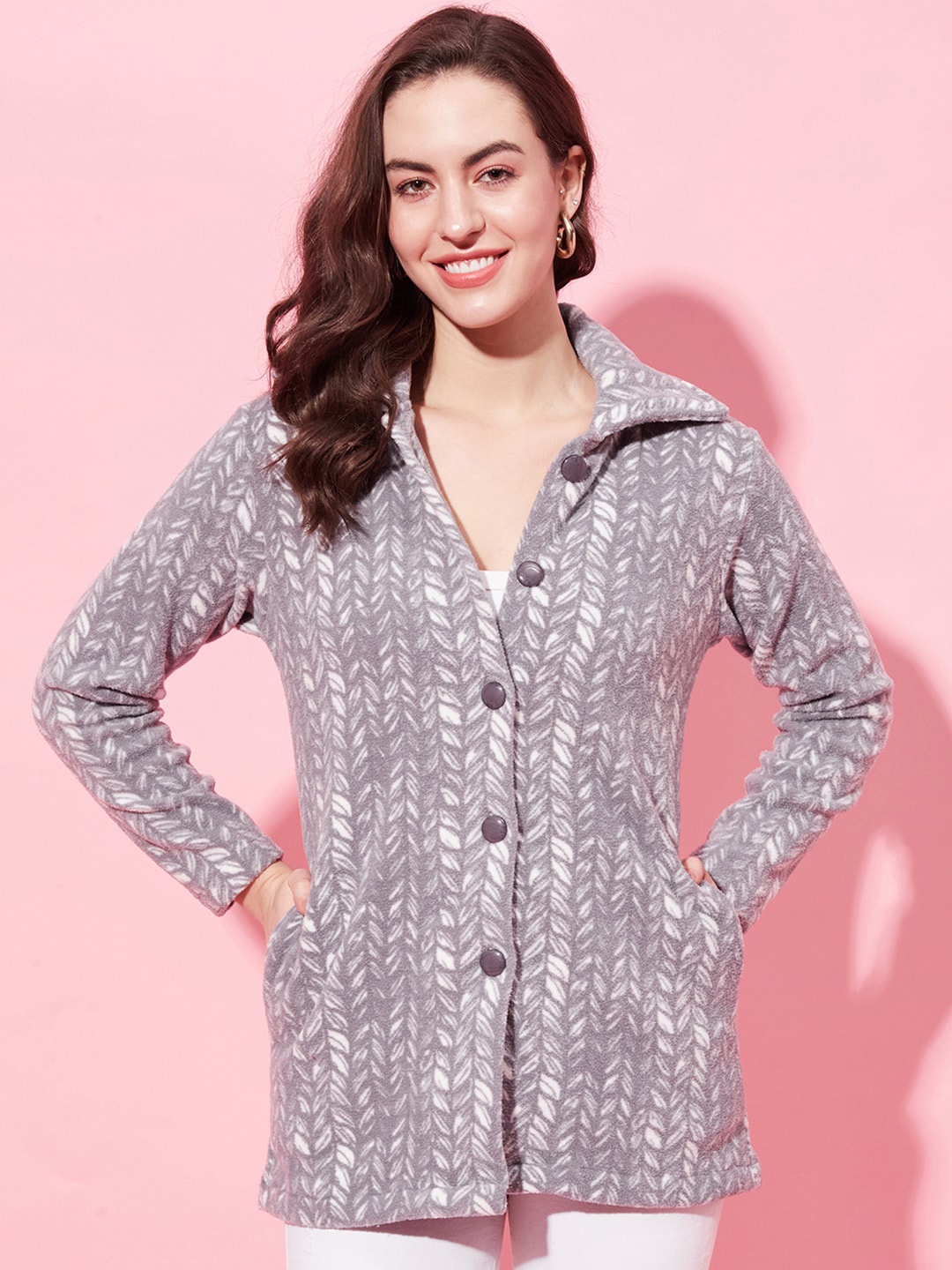 

Modeve Abstract Printed Stand Collar Lightweight Longline Open Front Jacket, Grey